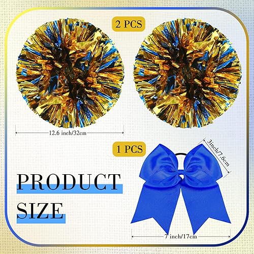 Miniatura 189 de Hanaive 3 pompones de animadora y lazo grande para animadora para el pelo, suministros metálicos para animadora de espíritu de equipo, deportes