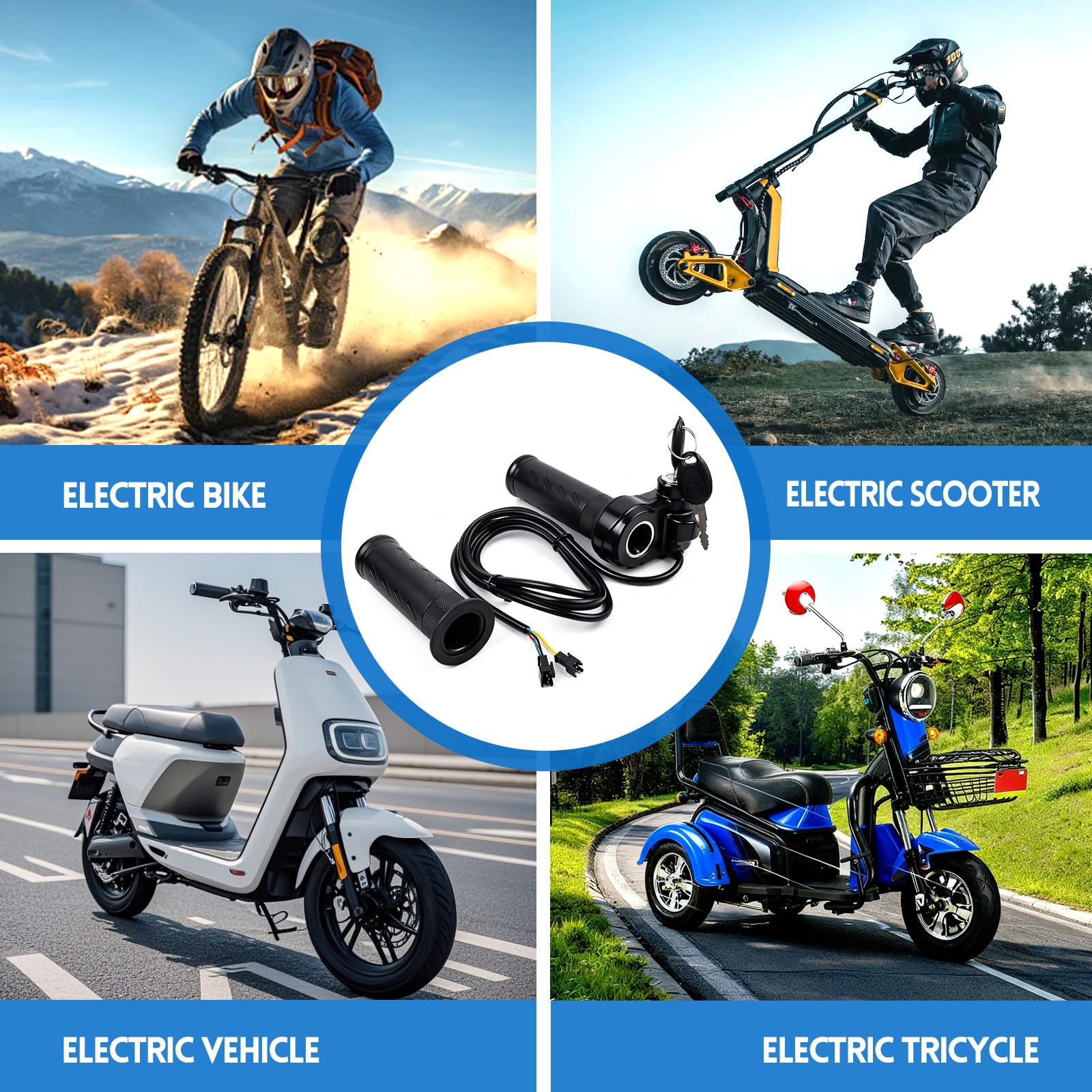 Ridstar Q20 Poignée d'accélérateur pour vélo électrique avec 2 clés, trottinette électrique universelle, design à torsion complète avec accélérateur à 3 broches pour vélo électrique