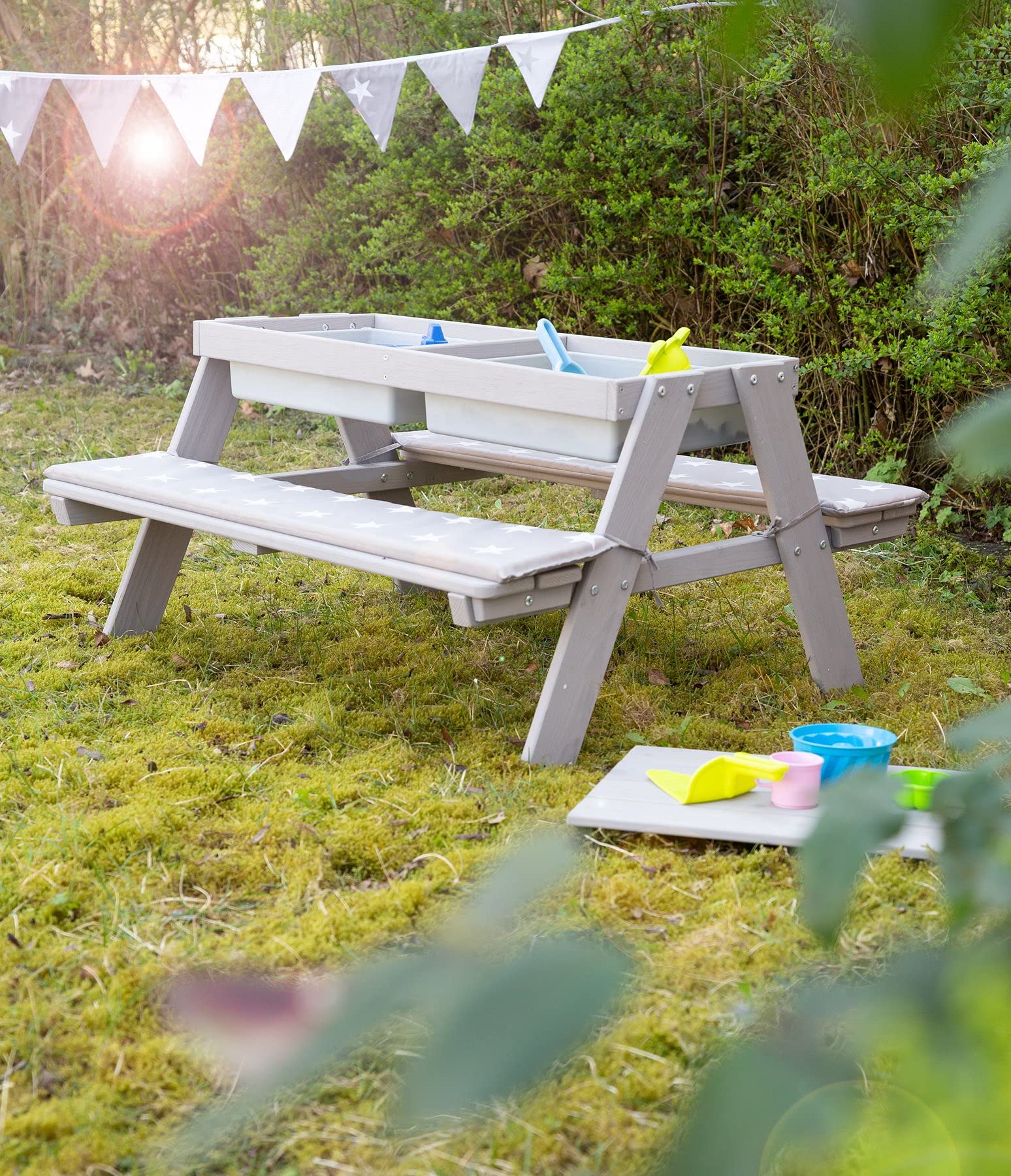 roba Set seggiolini per bambini Outdoor Deluxe con vaschette da gioco, set sedute in legno massello resistente alle intemperie e tavolo bricolage