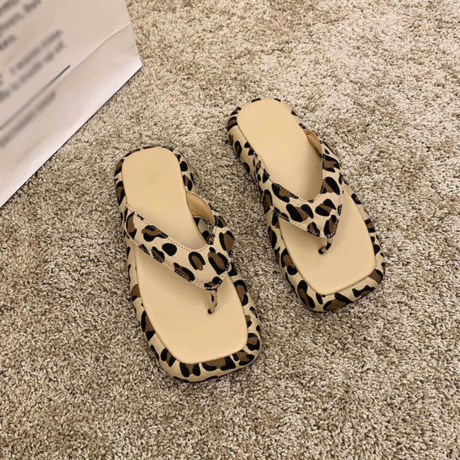 Zapatillas para Mujeres Chanclas de Fondo Gruesas para Mujeres diseñador de Estampado de Leopardo Clip de Punta de los pies de la Plataforma de Color Mixto Femenino Zapatos de Playa 38-39fits 37-38