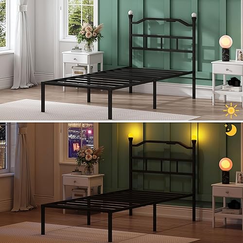 Miniatura 6 de Marco de Cama Twin XL con Cabecero, Marco de Cama de Metal de 14 Pulgadas con Luces Nocturnas de Entretenimiento, Enchufes y USB, Plataforma de