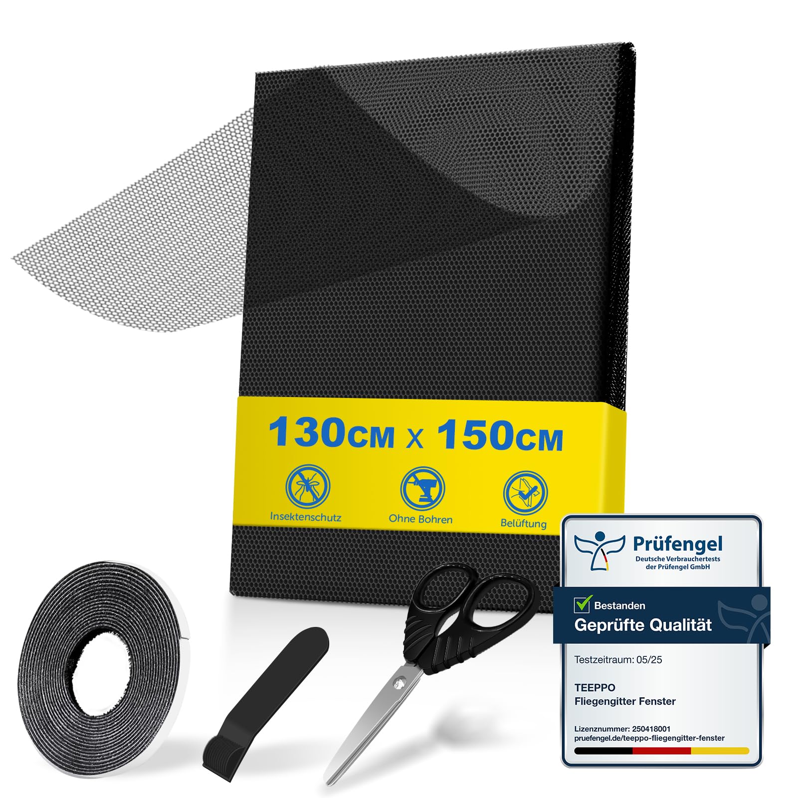 teeppo Fliegengitter Fenster 3 Stück | 130 x 150 cm, Insektenschutz Fenster Zuschneidbar mit Klettband Selbstklebend, Fliegennetz ohne Bohren, Moskitonetz Fenster aus Polyester【Schwarz】