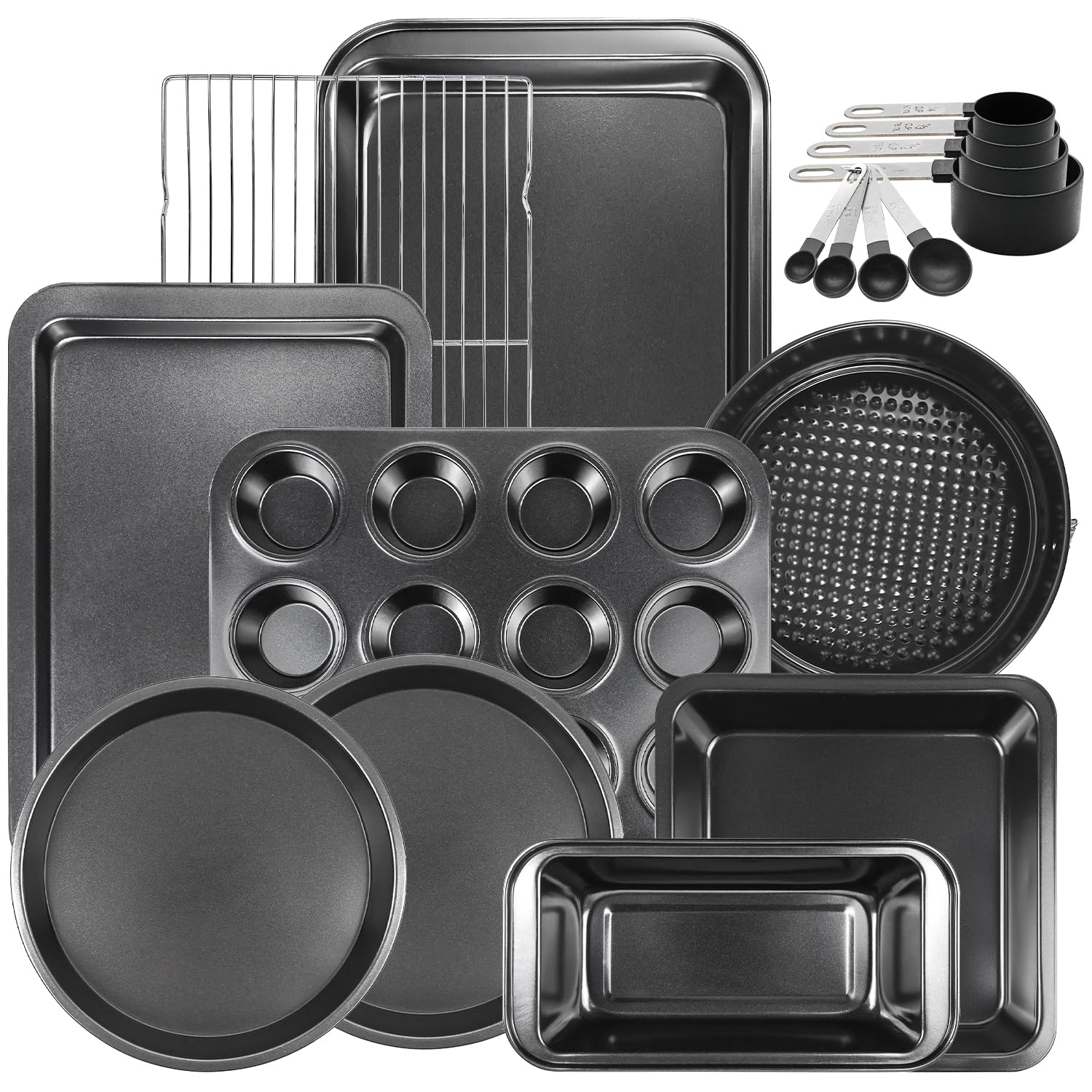 17 PCS Bakeware Set Carbon Steel Non-Stick Baking Pan Set with Sheet, Muffin, Loaf Tin, Square Cake, Deep Pan, Springform, Measuring Cups, Cooling Rack