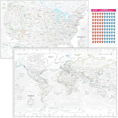 Miniatura 2 de NOWMAP (AquaShield) Póster de mapa del mundo y Estados Unidos de doble cara  Decoración de pared grande  Edición impermeable con calcomanías de