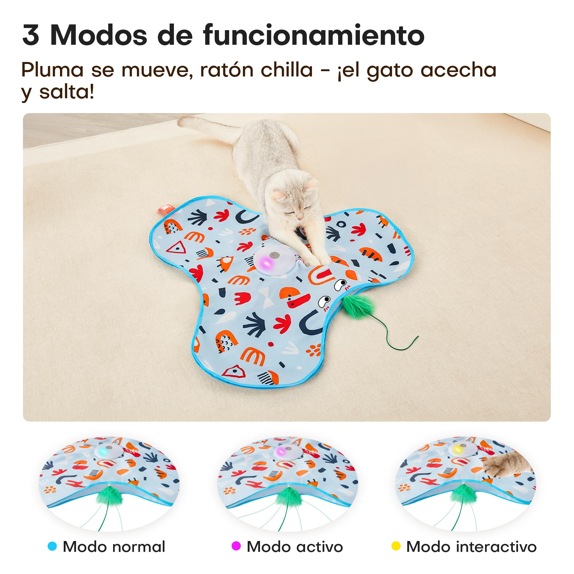 Potaroma Juguete Interactivo para Gatos – Juguete Automático Recargable con Plumas Móviles Ocultas, Sonido de Ratón, Activación por Toque, Ideal para Juegos y Ejercicio en Interiores Cubierta Floral