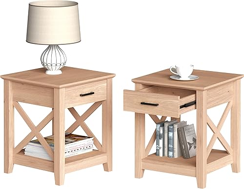 PrimeZone Mesita de noche de 24 pulgadas de alto con cajón y estante mesa auxiliar de sofá de madera beige con diseño X mesita de noche para
