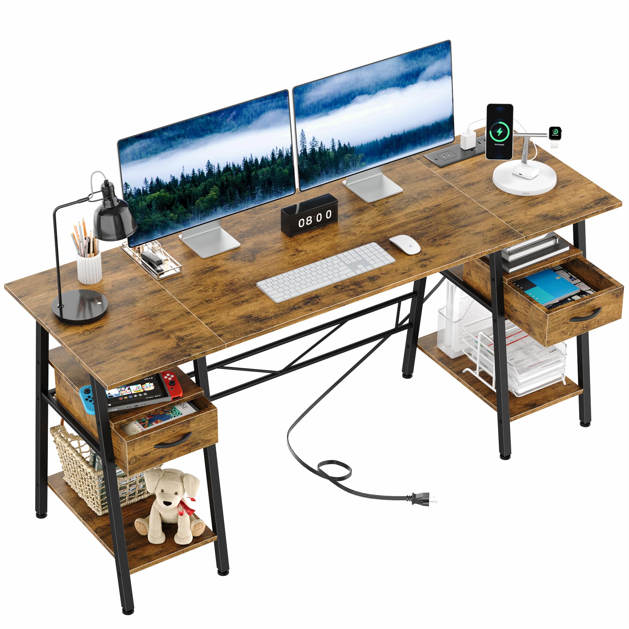 YAOHUOO 55 Inch Computer Desk with 2 Wooden Drawers/Power Outlet