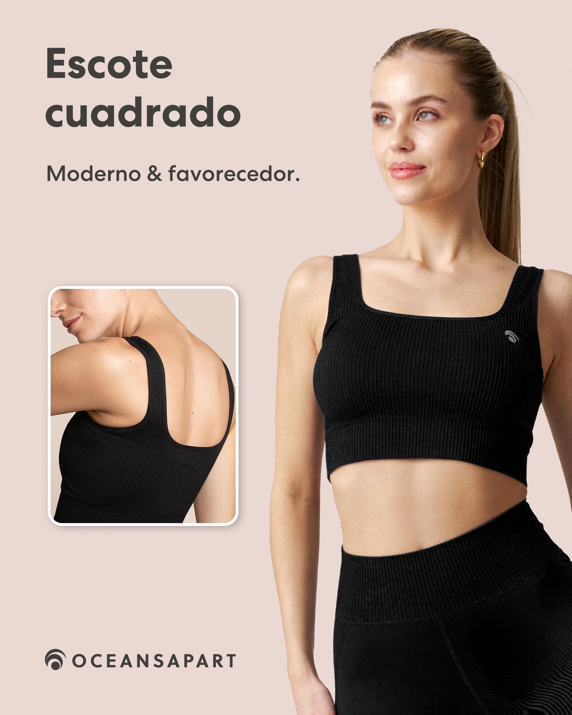 Oceansapart Sydney Sujetador Deportivo Mujer Sin Costuras - Top Deportivo Mujer con Escote Cuadrado - Sujetador Sin Aros con Relleno para Yoga, Fitness, Pilates Tallas XXS-XXL