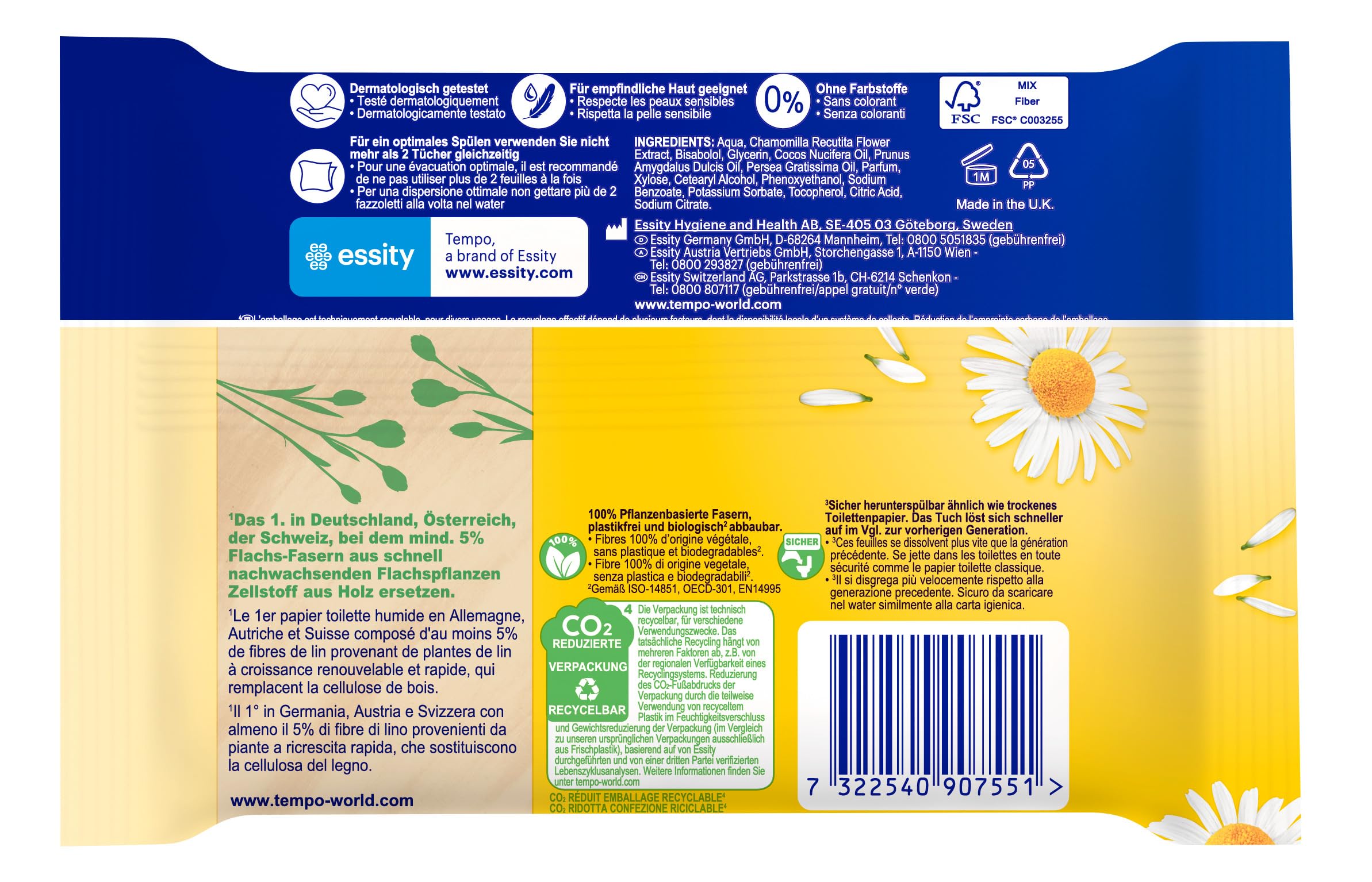 Tempo Feuchte Toilettentücher "Sanft & Pflegend" - Megapack - 16 Packungen mit je 42 Tüchern - Duo Packs - mit natürlicher Kamille - Toilettenpapier, dermatologisch getestet & pH-hautneutral