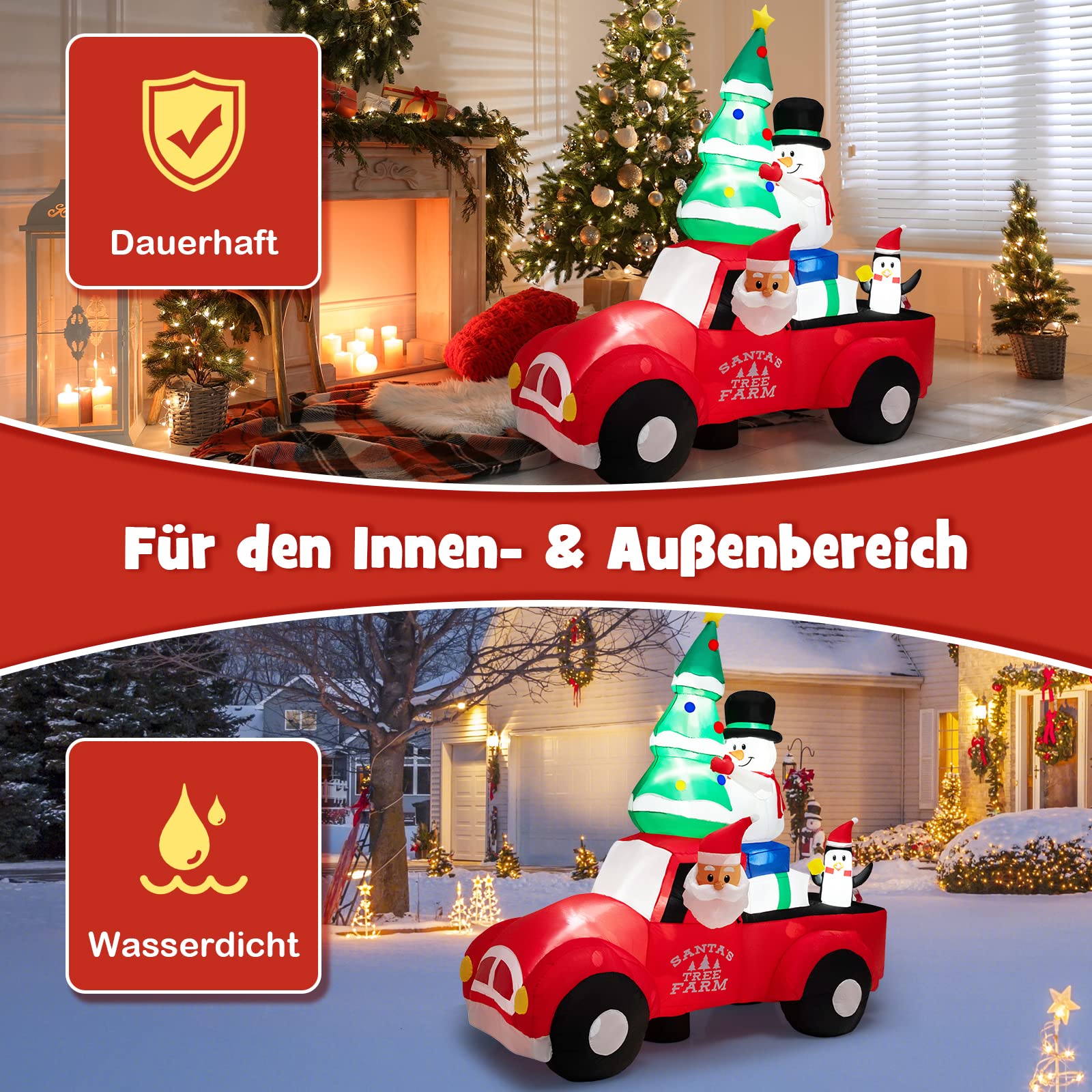 COSTWAY Aufblasbarer Weihnachtsmann fährt EIN Auto, LED Weihnachtsdekoration mit Schneemann, Weihnachtsbaum, Geschenk, Pinguin, Winterdekoration Polyester, für Hof Rasen Garten, Selbstaufblasend