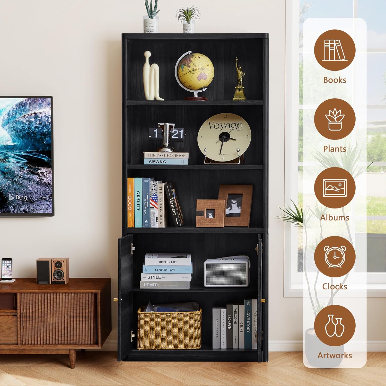 ORRD 70.8" Tall Fluted Bookshelf with Storage Cabinet, Modern 5-Tier Wood Bookcase with Open Display Storage Shelf, Gold Handles for Office Living Room (Black)