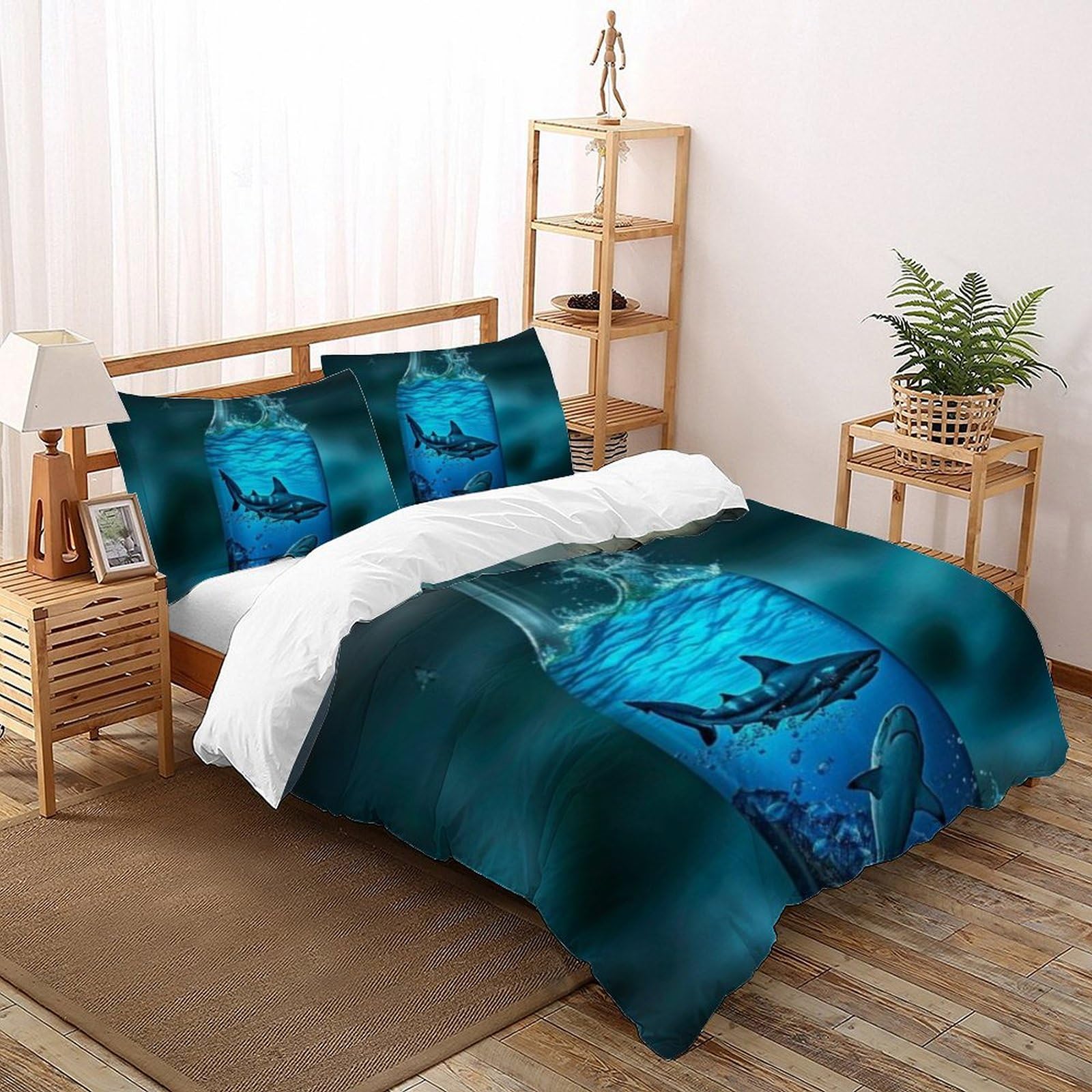 Housse de couette Requin King 220x240cm en microfibre avec 2 taies d'oreiller