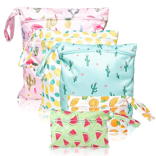 R HORSE 5Pcs Waterproof Reusable Wet Bag Diaper Baby Cloth Diaper Summer Wet Dry Bags with 2 Zippered Pockets Travel Beach Pool Bag with Pineapple Flamingo Cactus Pattern(3 Sizes)