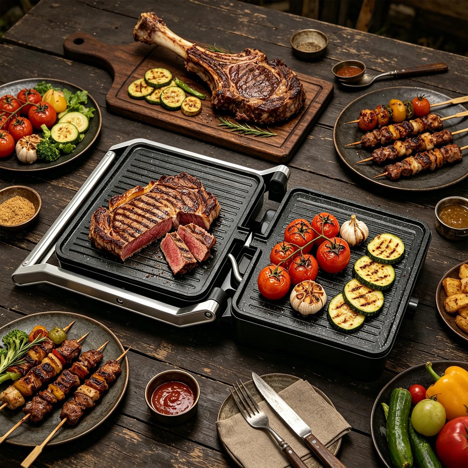 Parrilla Eléctrica, Grill, Sandwichera y Panini 2000W, Regulador de temperatura, apertura 180º, antiadherente, placa superior flotante, Cajetín Recogegrasa, 28 x 25 cm