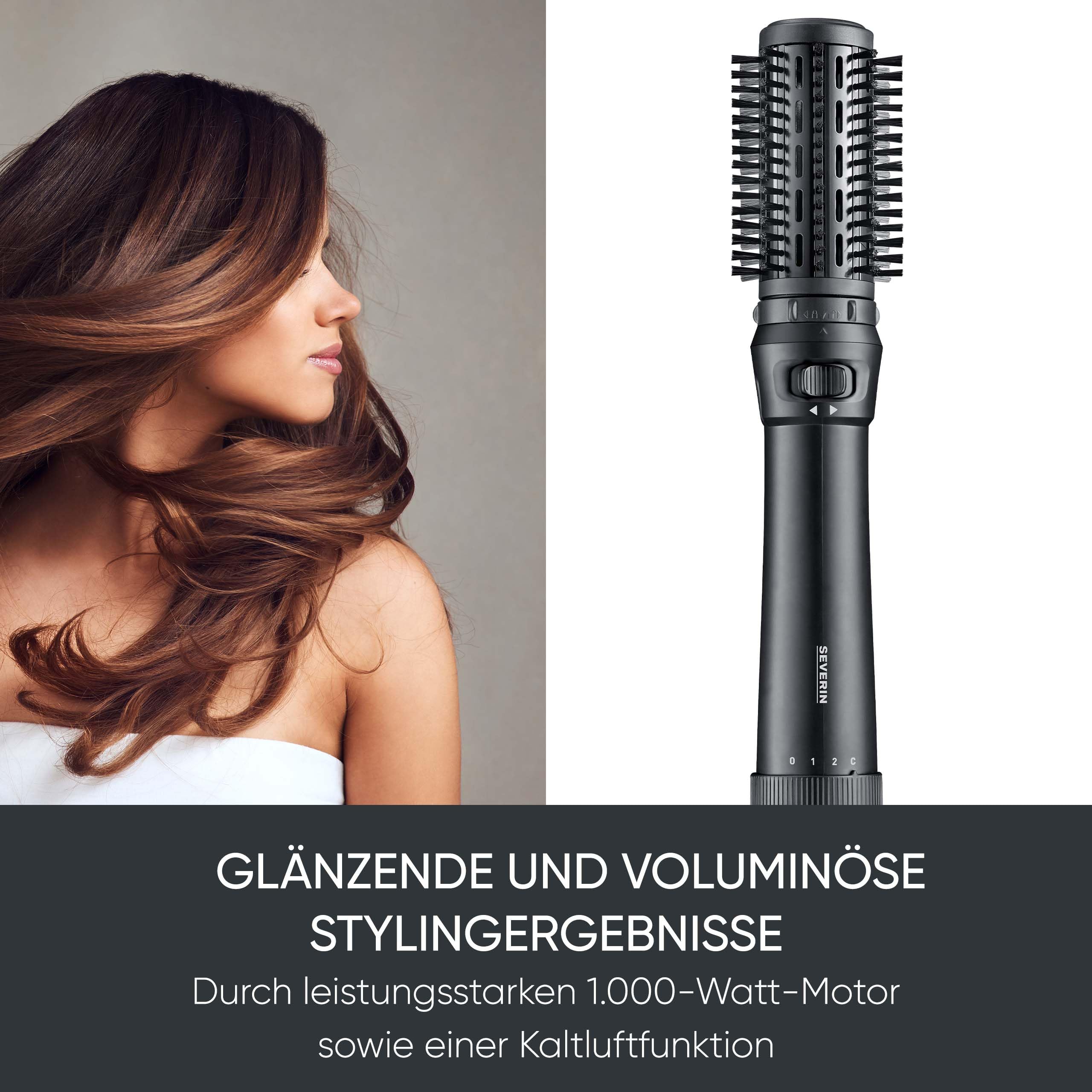 Severin Warmluftbürste rotierend, Föhnbürste mit 2 Aufsätzen (40mm und 50mm), 2 Temperatureinstellungen, Kaltstufe, Styling-Bürste, Keramik-Keratin-Beschichtung, 1000W, schwarz, WL 0241