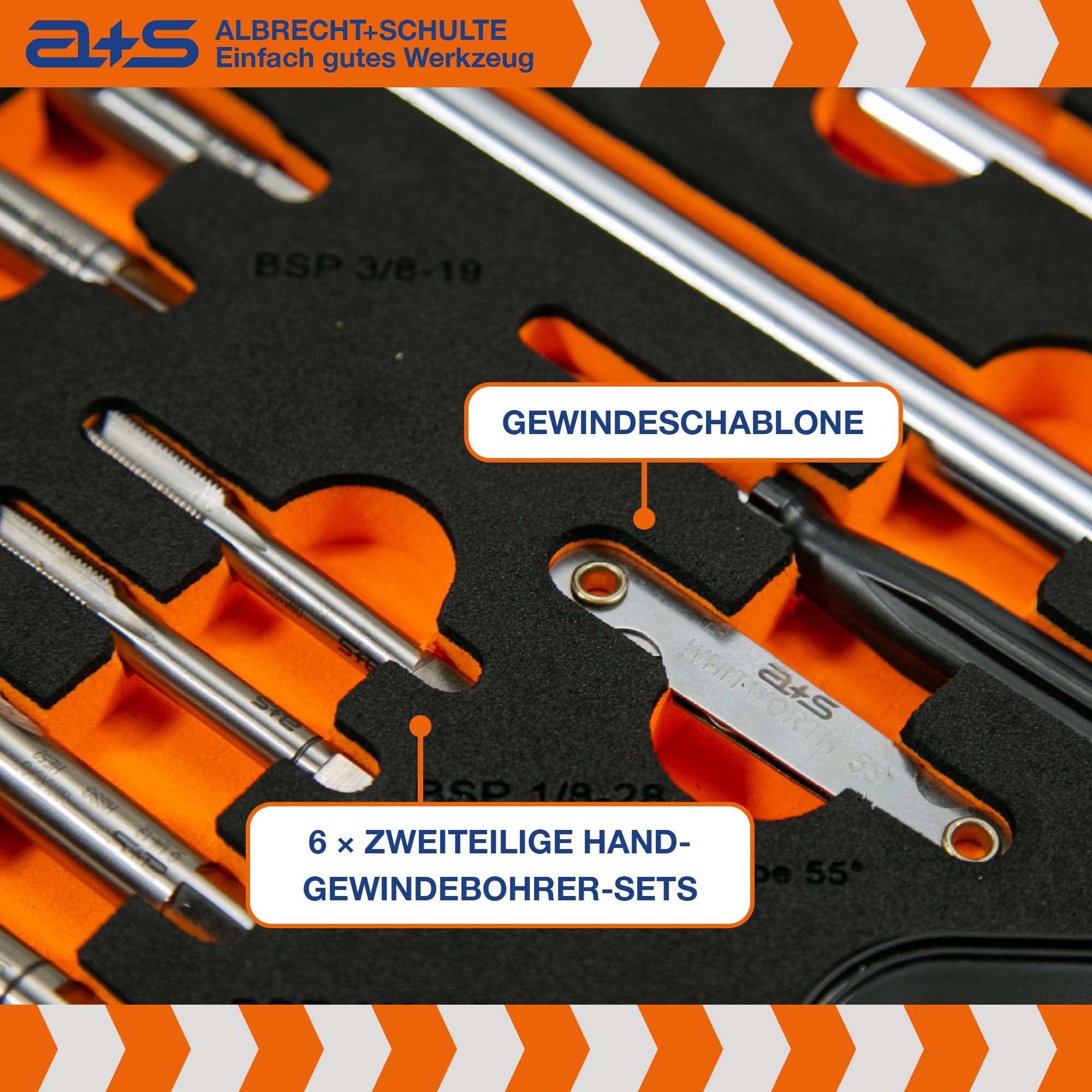 a+s HSS BSP G Rohrgewindeschneider Set | 1/8-1'', 27-tlg. | Gewindeschneider Set Zoll | Whitworth Rohrgewinde