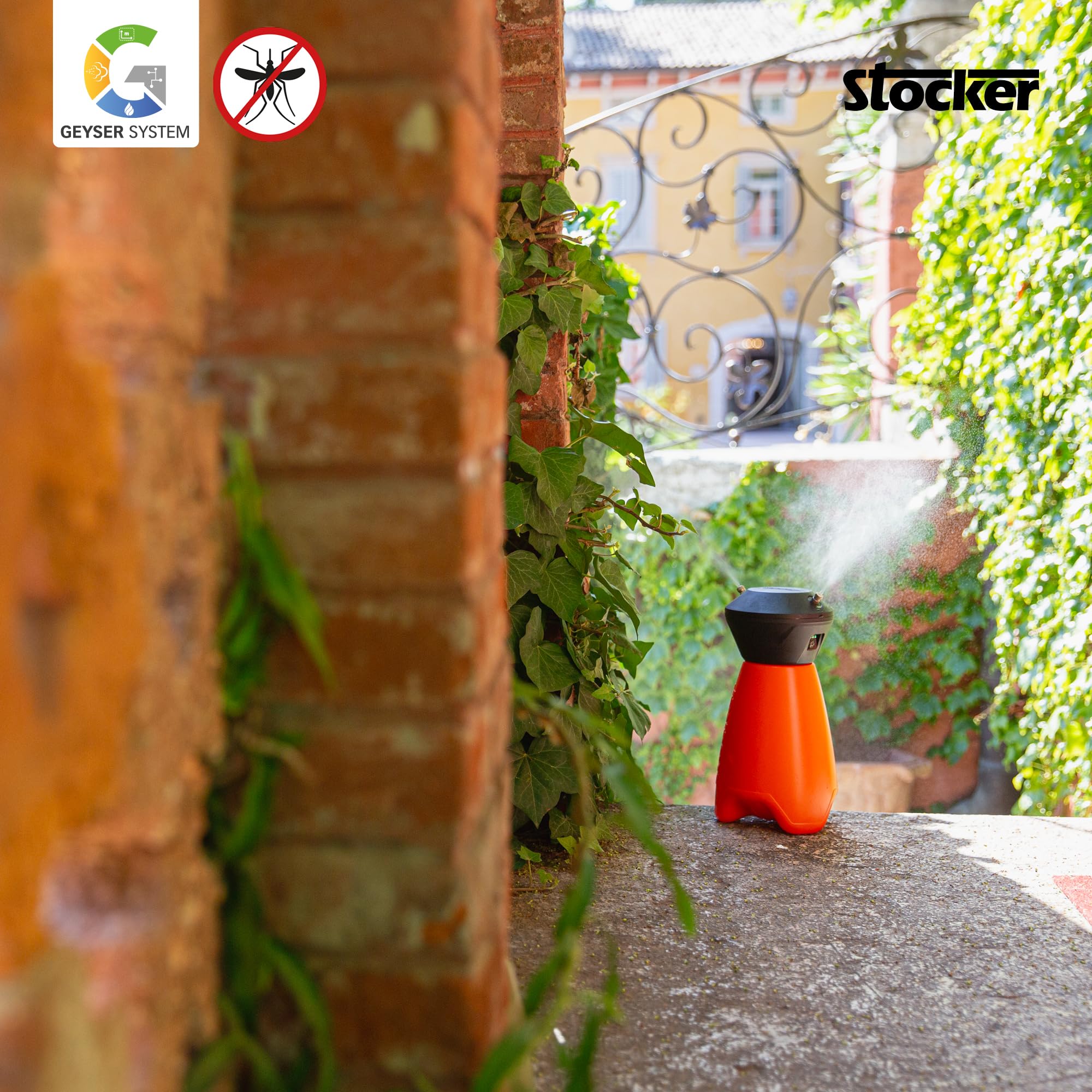 STOCKER - KIT Nebulizzatore Giardino Elettrico Geyser Compact - Geyser Mini 2 L con Batteria Li-Ion + Disabituanate Florifens + Kit Balcone Anti-Zanzare Estendibile Fino a 10 m