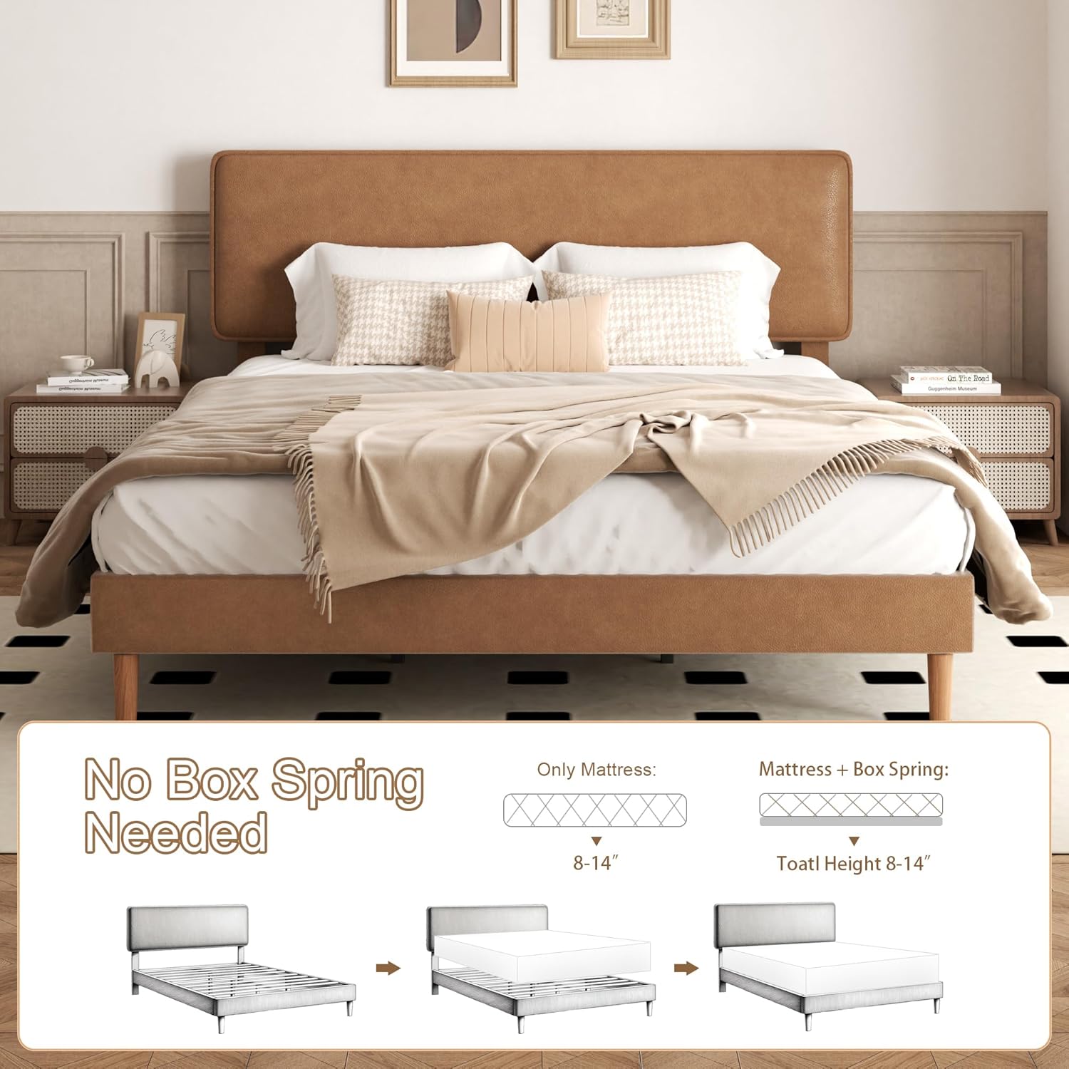 King Size Upholstered Bed Frame with Adjustable Headboard, Faux Leather Platform Bed with Wood Slats, Lychee Grain Leather, No Box Spring Needed, Easy Assembly, Noise Free, Brown Brown King