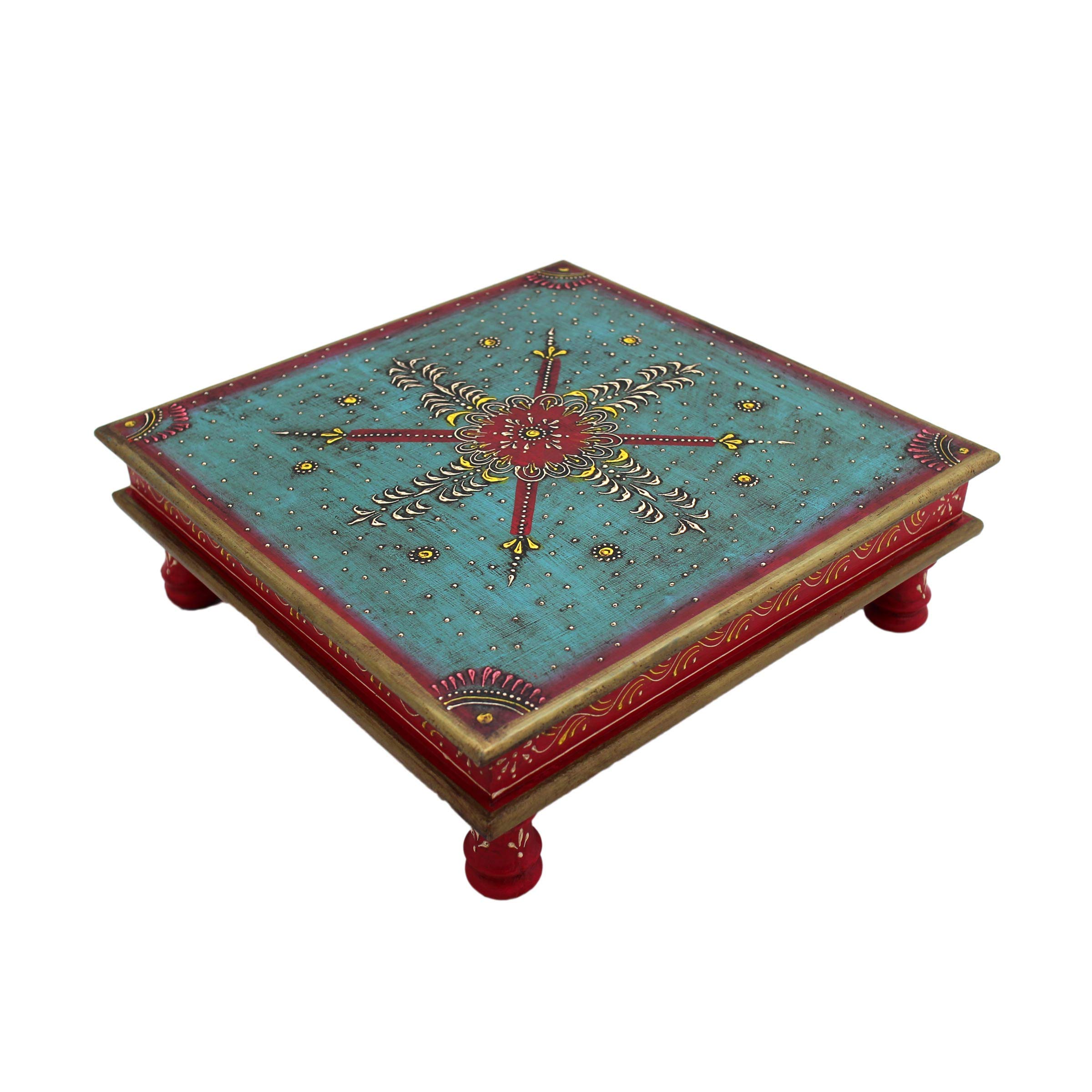 Gall&Zick Tea Table Flower Bench Side Table Decorative Mago Wood / MDF Wood Hand-Painted Oriental Indian Colourful Handmade Decorative Mandala (Red)
