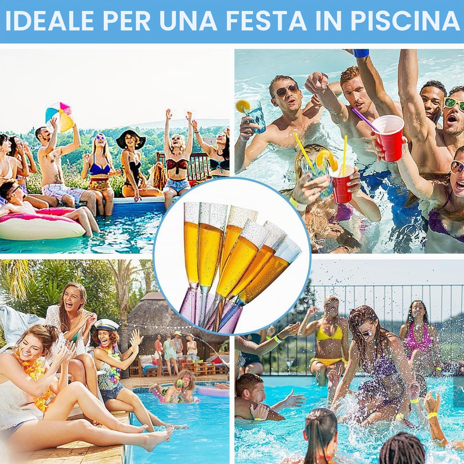 Flute da champagne galleggianti, set di 6 eleganti calici da champagne in acrilico, calici senza base, bicchieri galleggianti per la piscina, perfetti per feste ed eventi sociali (colore nero)