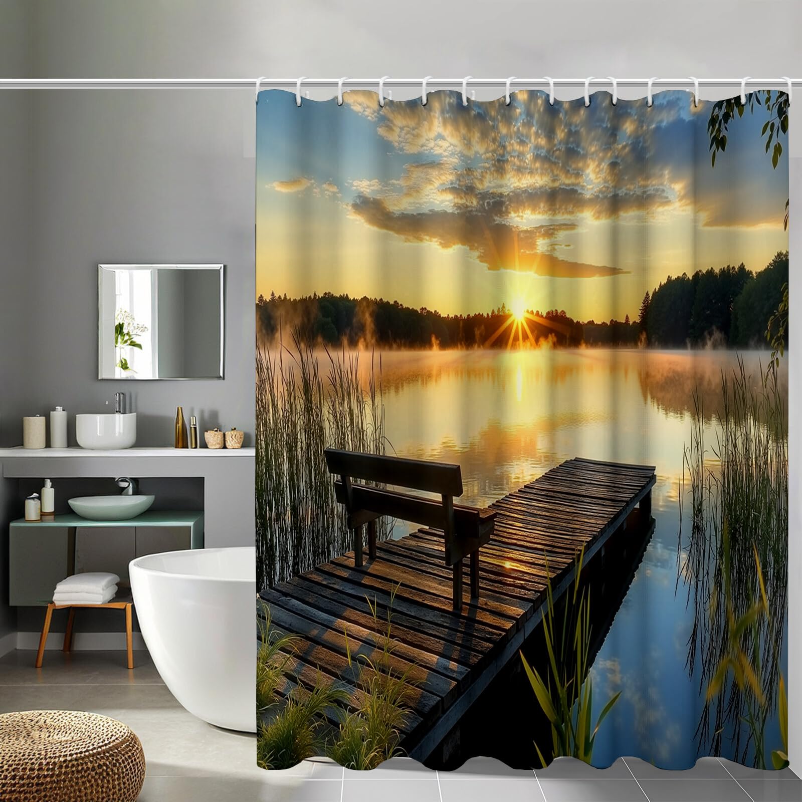 Rideau Douche,Rideau Baignoire Lavable en Machine Rideaux Douche Tissus Lavable Rideau De Baignoire Lavable pour Salle De Bain Domicile Baignoire Famille,Pier Lake,