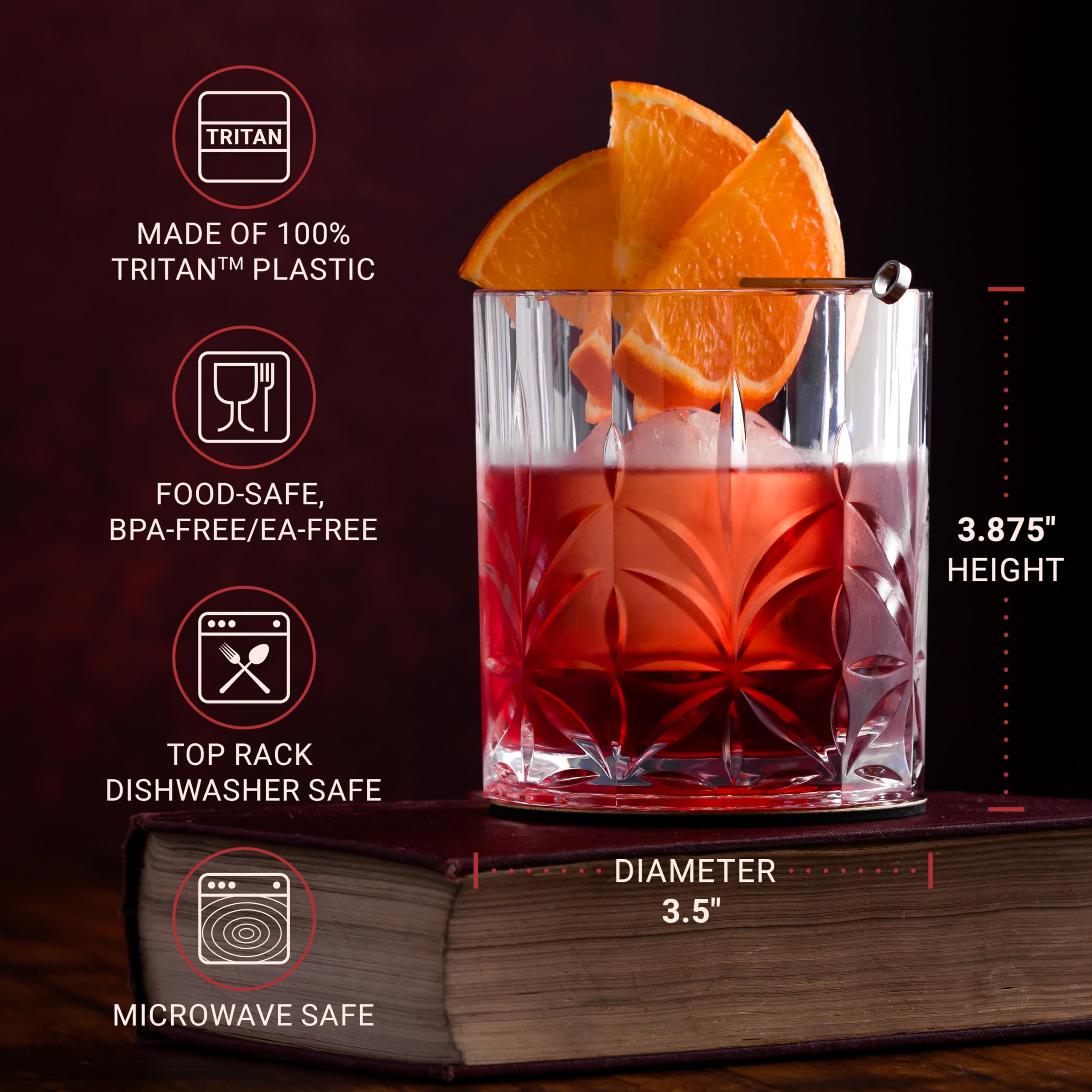 Bravario Vasos de whisky de plástico irrompibles, irrompibles, 100% Tritan Double Rocks | aptos para lavavajillas | Sin BPA | Perfecto para cóctel al aire libre Bourbon | 13 onzas, juego de 4