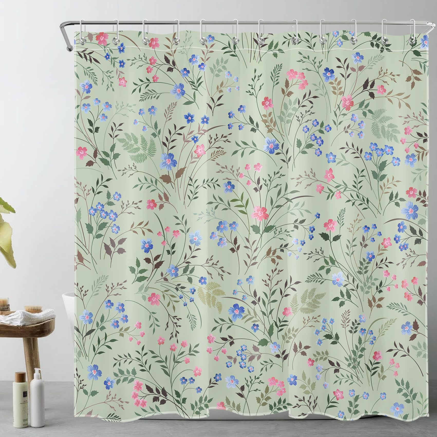 AUEEA Watercolor Wildflower Shower Curtain for Bathroom Pink and Blue Flower with Herb on Sage Green Bathroom Shower Curtains with Hooks, Rustic