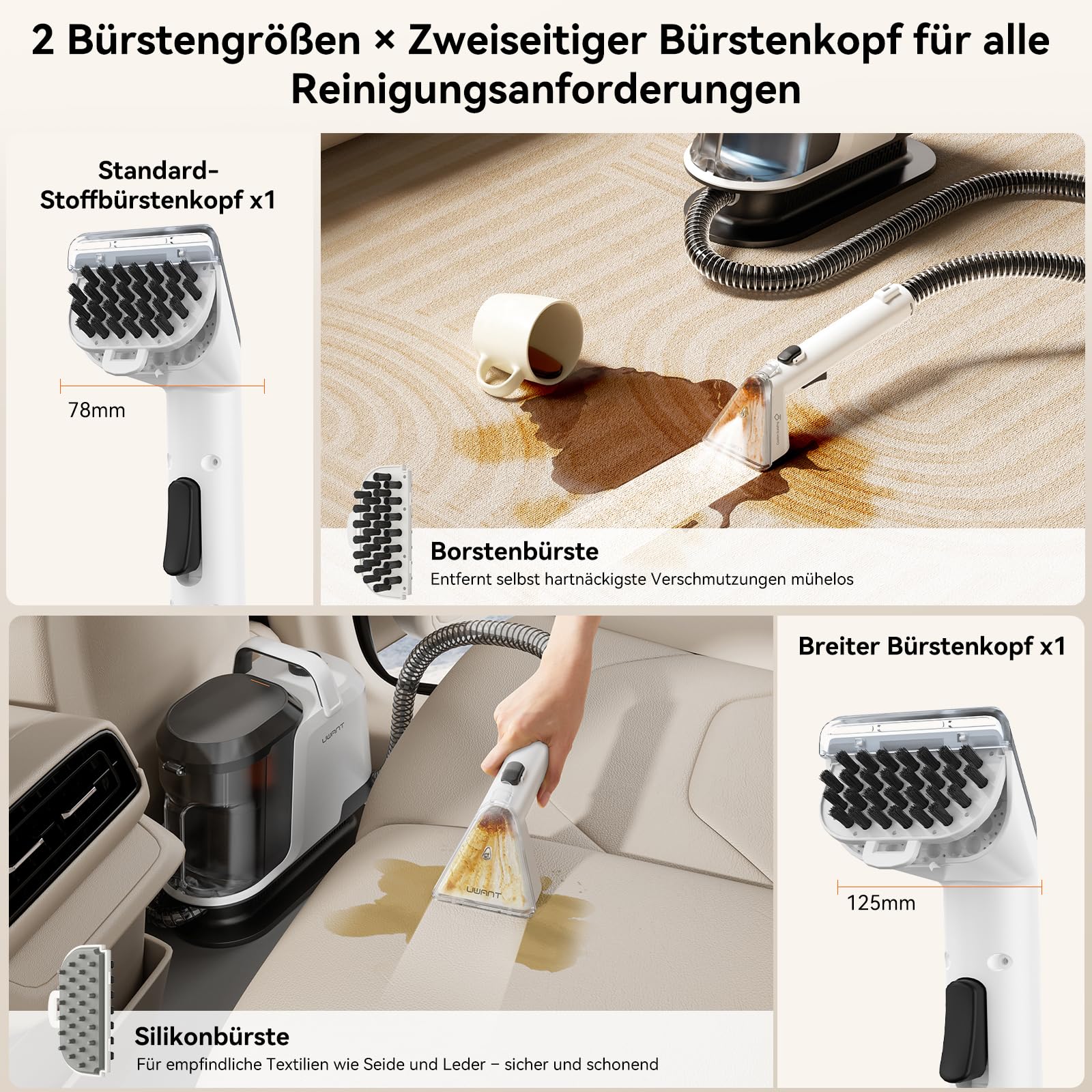 Uwant Y100 Steam Polsterreiniger Gerät, 3-in-1 Nasssauger für Sofa, Teppich und Auto mit 18KPA, 100°C Heißdampf, 65°C Heißwasser, Kaltwasser. Selbstreinigung, Multi-Bürstenkopf & 500ml Teppichreiniger