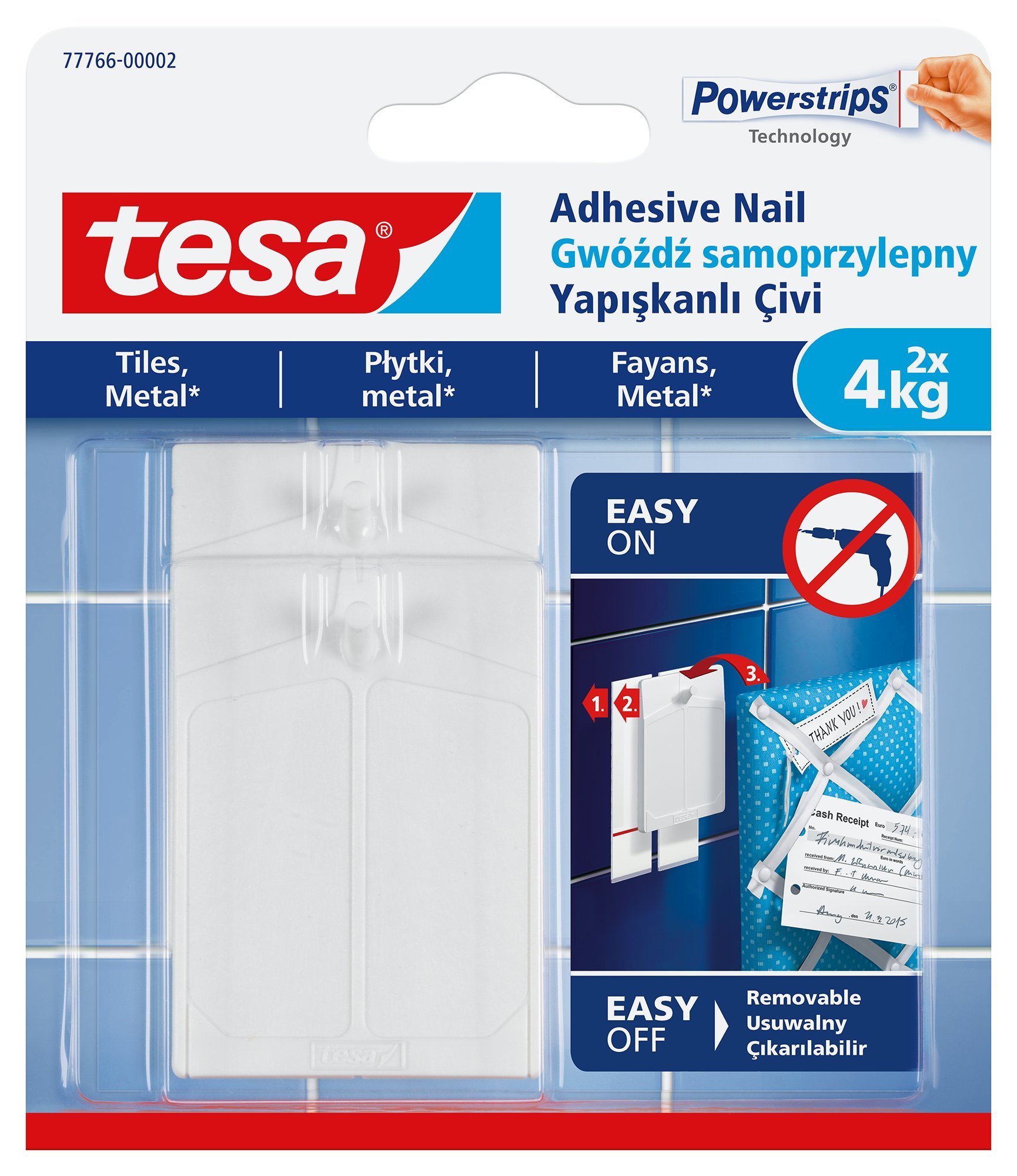 tesa 77766-00002-00 Clavo Adhesivo extraíble para Azulejos, Metal y Superficies Lisas, Blanco, 4,0 kg