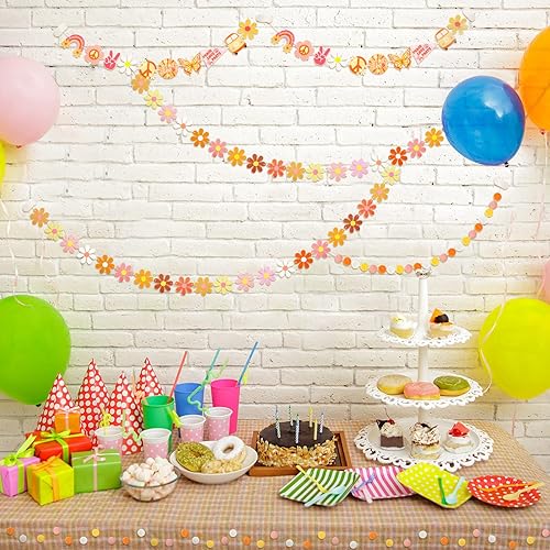 Miniatura 3 de Tegeme 4 guirnaldas de decoraciones de fiesta, guirnalda bohemia de fieltro de margaritas y pancarta hippie con pompones de 6.5 pies, guirnalda de