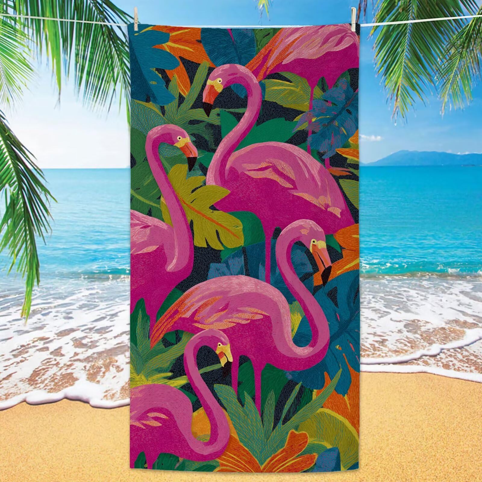 Ręcznik plażowy z flamingiem, z mikrofibry, 75 x 150 cm, zestaw 2 szt., szybkoschnący, ultra cienki, lekki, kompaktowy, z torbą, dla kobiet i mężczyzn, na kemping, fitness, urlop YJ-995