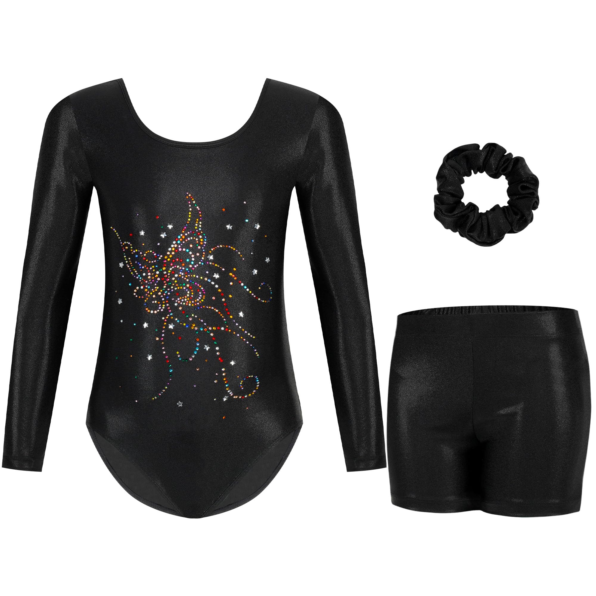 Gogokids Mädchen Dreiteilige Gymnastikanzüge, Langärmliges Gymnastik Set mit Shorts und Haarband, Glitzernde Balletteinheitstrikots - Gymnastik Outfit mit Farbverlaufdesign für 3-12 Jahre