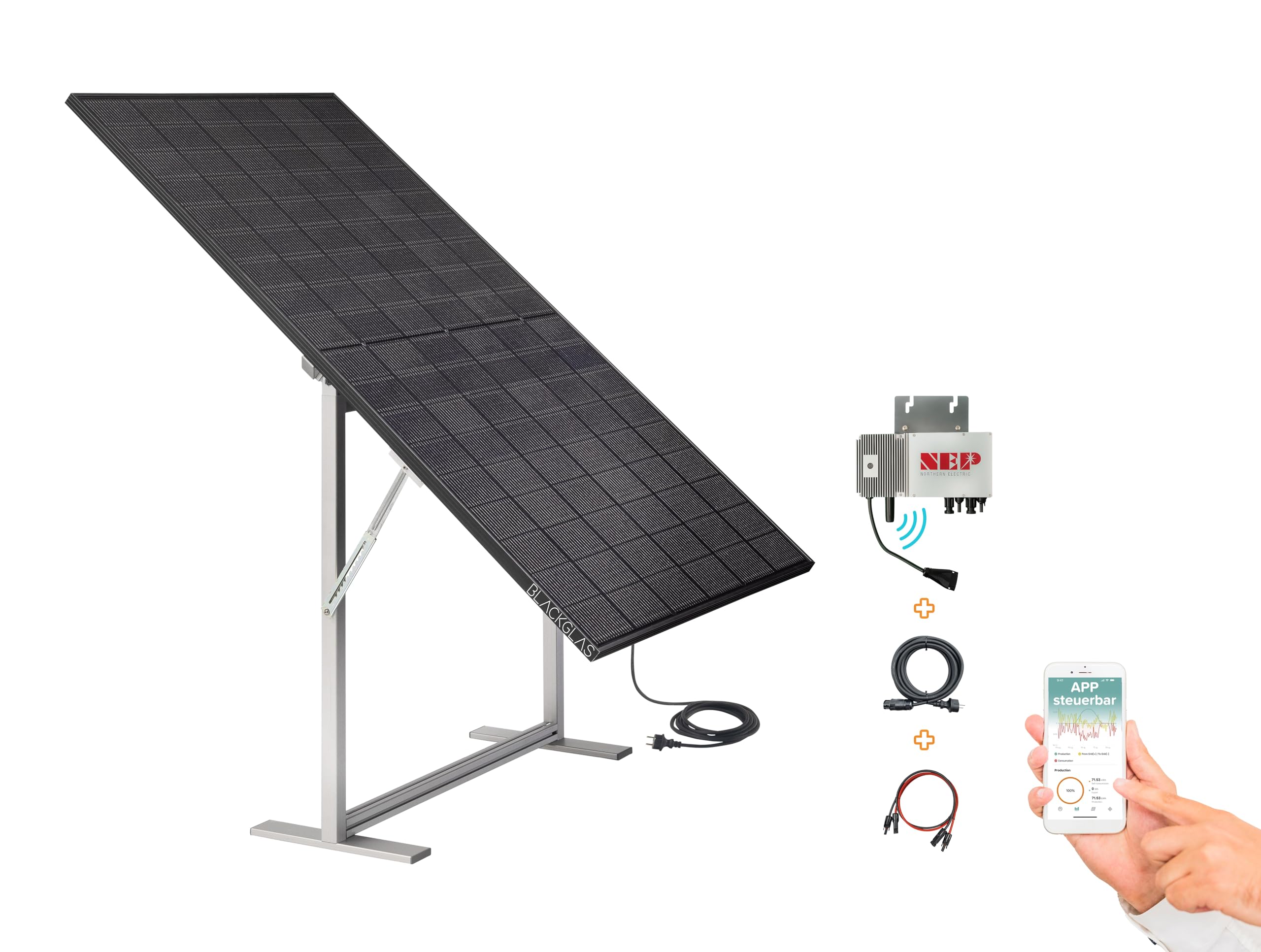 Balkonkraftwerk SolarScreen Sichtschutz VEOelegance-H Modul 445Wp Full Black Solarmodul, Wechselrichter mit App, 5m Kabel, Verstellbarer Winkel, Plug & Play, Vormontiert, Made-in-Germany