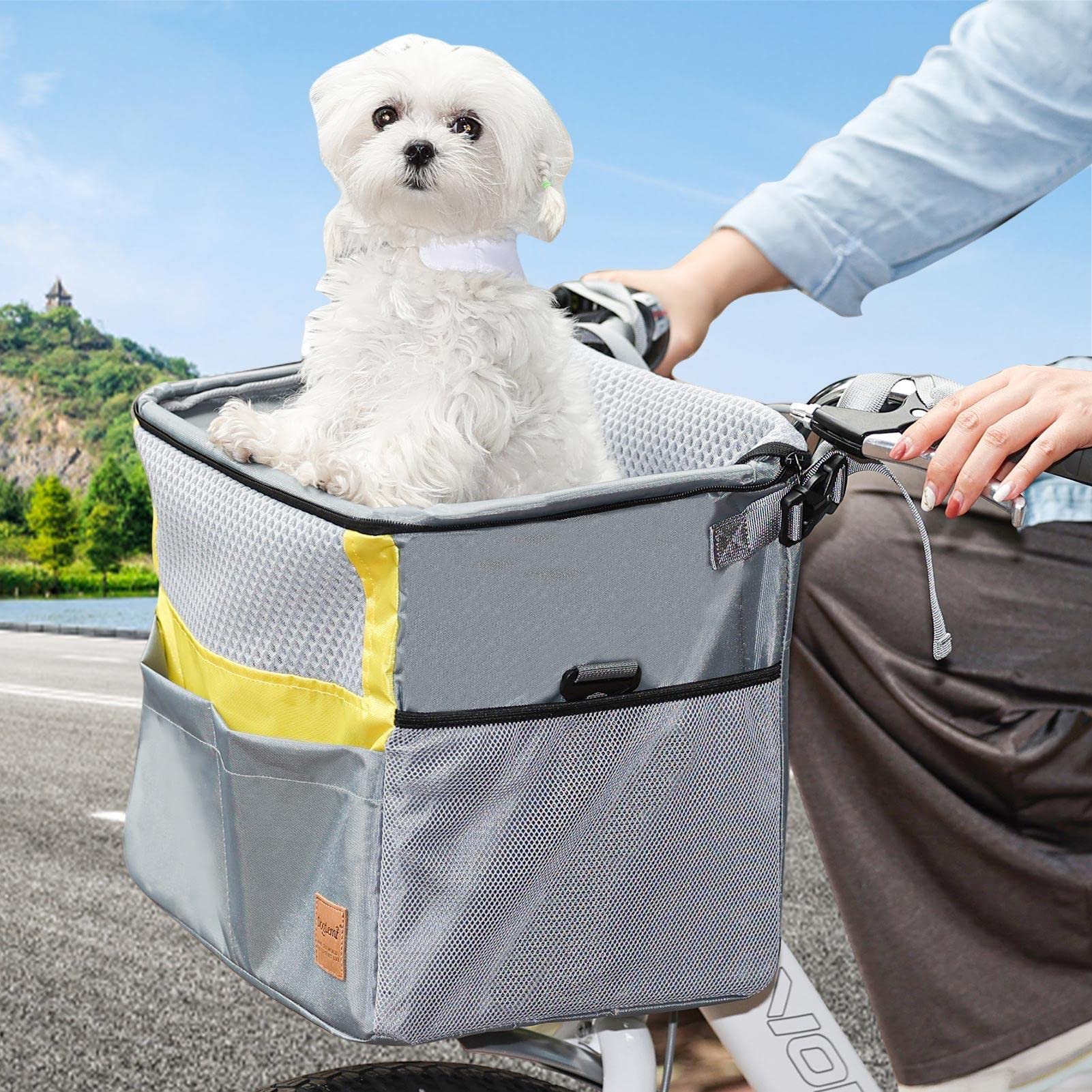 Fahrrad Korb, Hundekorb, Front Pet Basket, Fahrrad Träger, Atmungsaktive Fahrrad Lenkertasche mit 3 Seitentaschen, Katze Hund Rucksack Tasche für Radfahren, Wandern, Reisen,