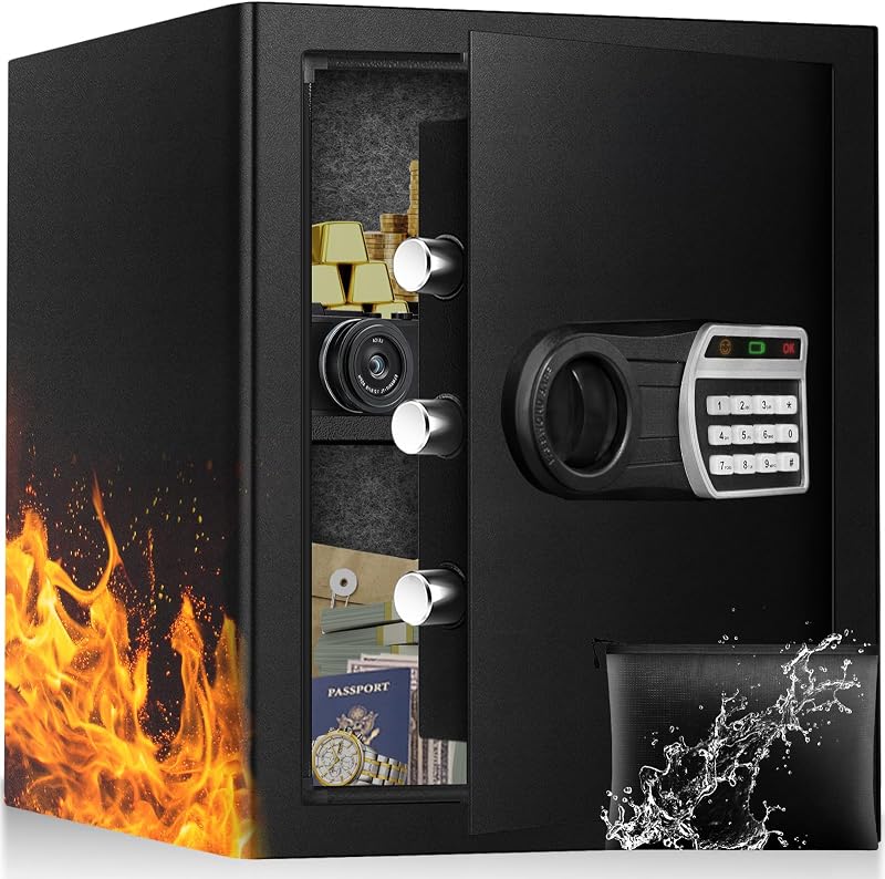 2.5 Cu Ft Home Anti-Theft Digital Lock Safe Box with Tamper Alarm, Interior LED Light, Removable Shelf & Spare Keys, Includes Fire & Water Resistant Storage Pouch for Valuables & Legal Documents