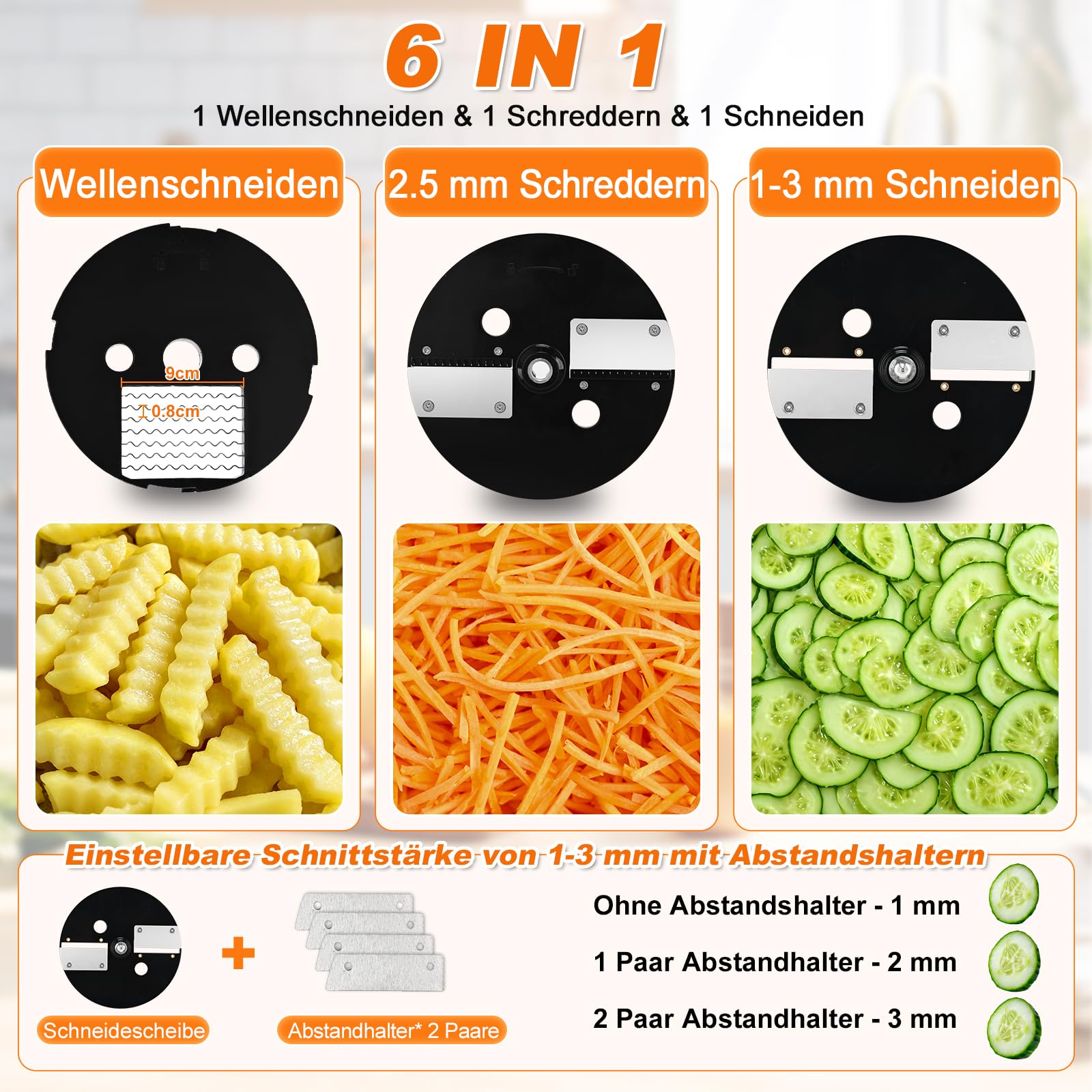 Anatole 6 in 1 Gemüseschneider Elektrisch Würfelschneider Professionell | Würfel& Reibe& Scheiben& Wellenscheiben Multifunktional, 6 Klingen, für Gurke Kartoffel Karotte Zwiebel Obst Gastro 100W 220V