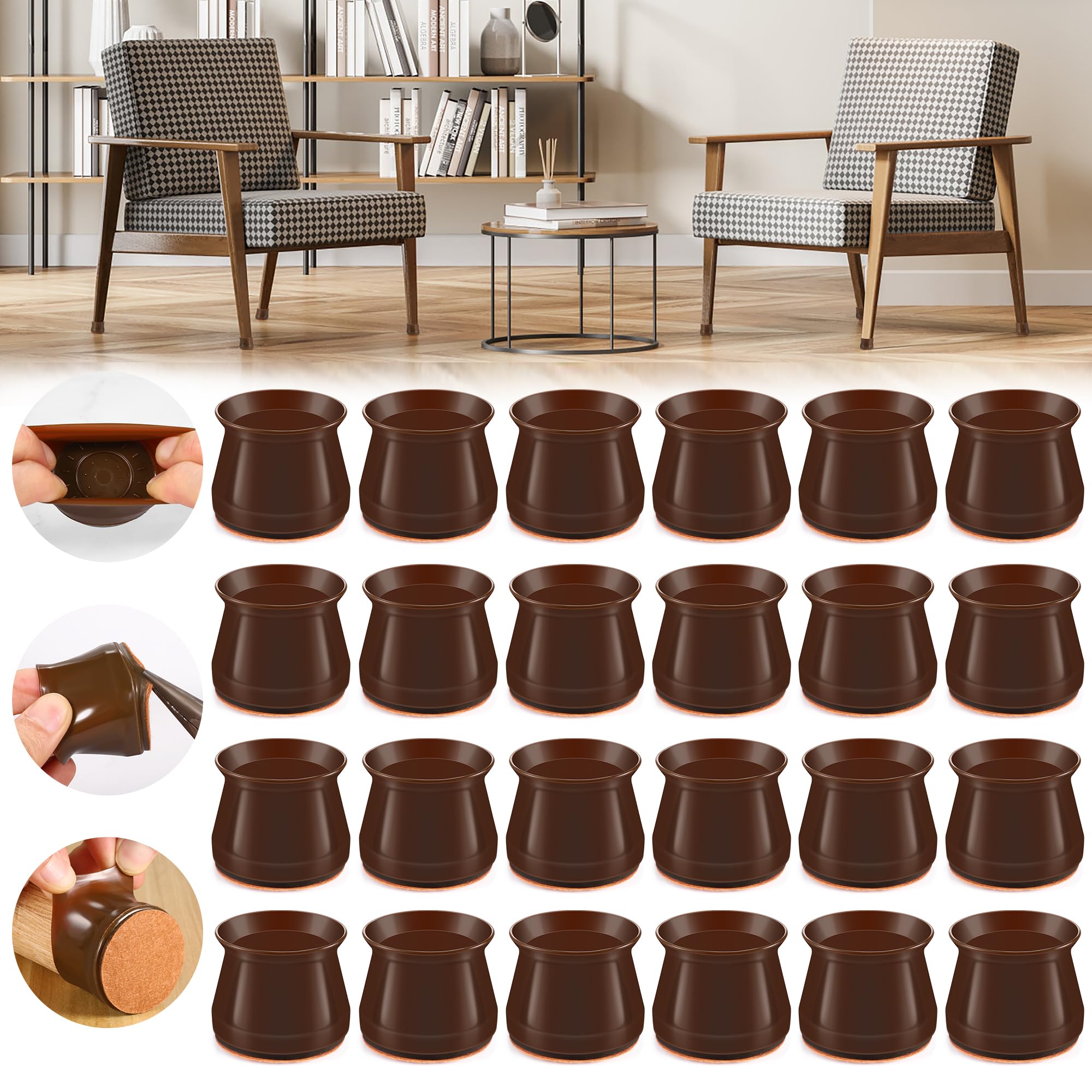 24PCS Upgraded Silicone Chair Leg Floor Protectors for Hardwood Floors, Furniture Sliders for Chair Legs, Felt Bottom Furniture Pads, Anti-Slip Round&Square Cap Covers to Scratch and Reduce Noise