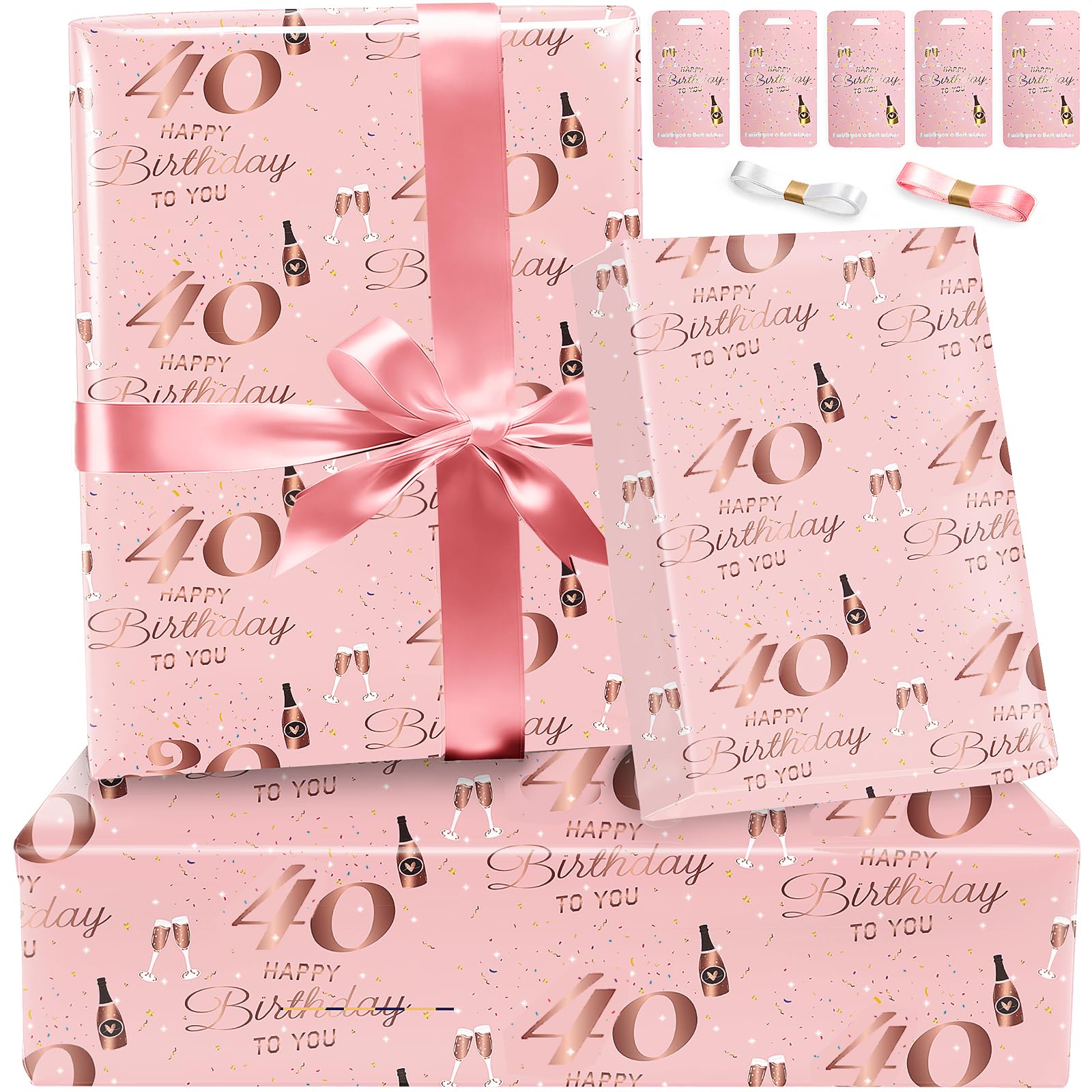 40th Birthday Wrapping Paper Set and Ribbon Tag,Rose Gold Gift Wrap Birthday Paper for Women Female Ladies,Recyclable Eco Gift Wrapping Paper Elegant Present Paper for Birhtday Gift,Rose Gold