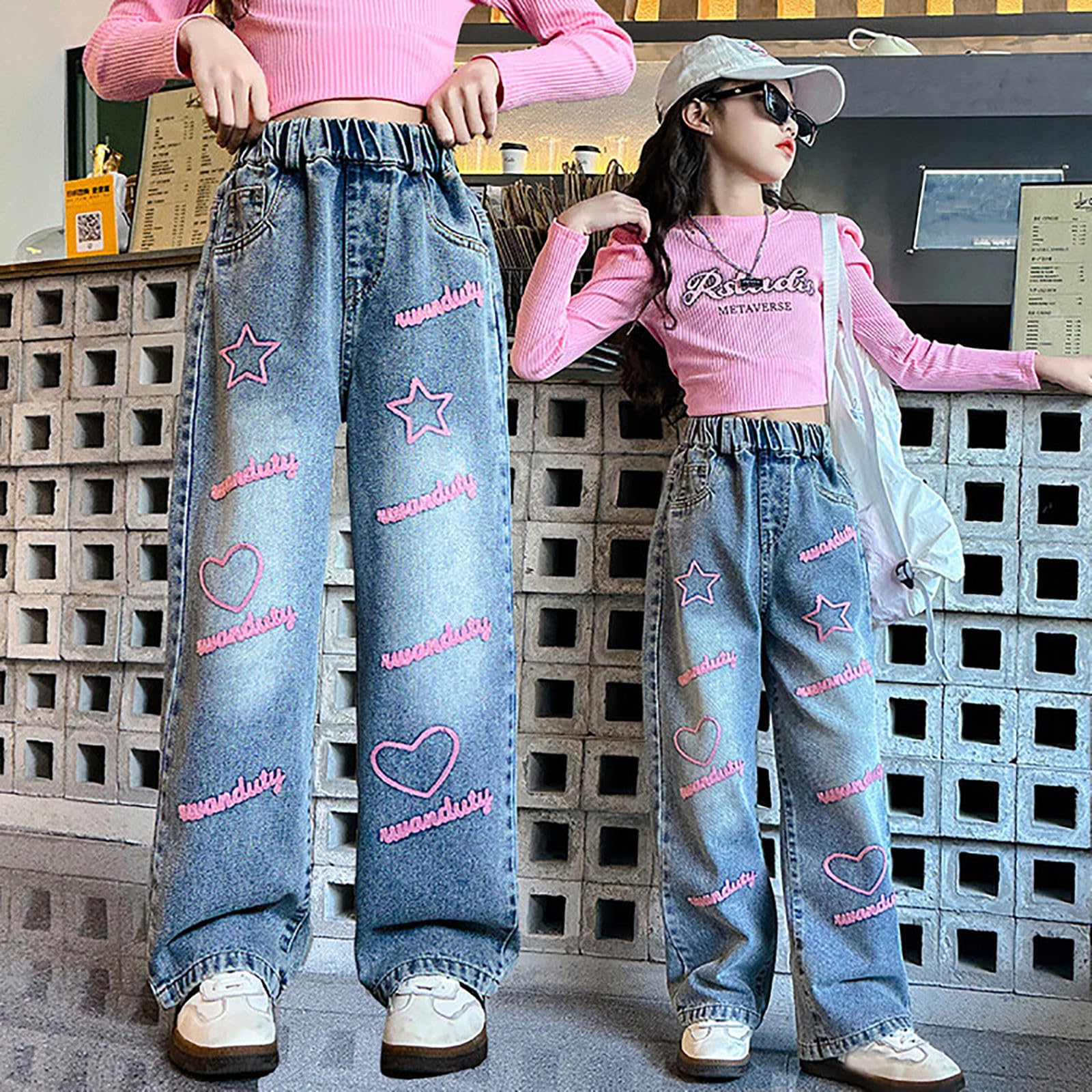 Pantalon de jogging baggy pour femme et fille - Pantalon en jean - Jambes larges - Pantalon en denim - Taille haute - Élastique - Décontracté - Avec poches - Pour enfants de 6 à 14 ans