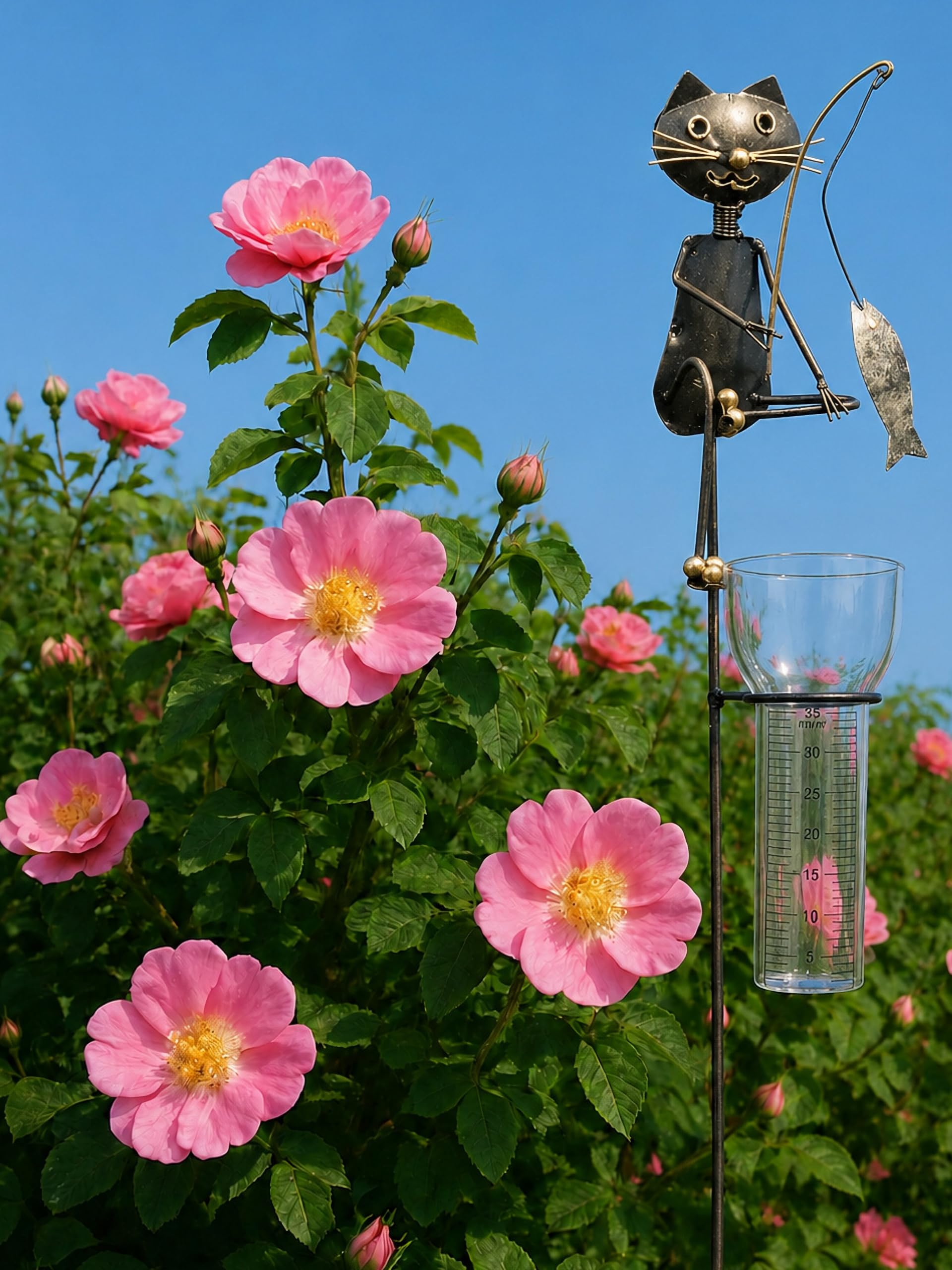 Pommerntraum ®| Regenmesser Ombrometer Katzen Gartendekoration Geschenkidee | Niederschlagsmesser Pluviometer Gartendeko Gartenstecker Katzenfigur Gartenfigur Gartenaccessoires (Katze Kater angelt Fisch)