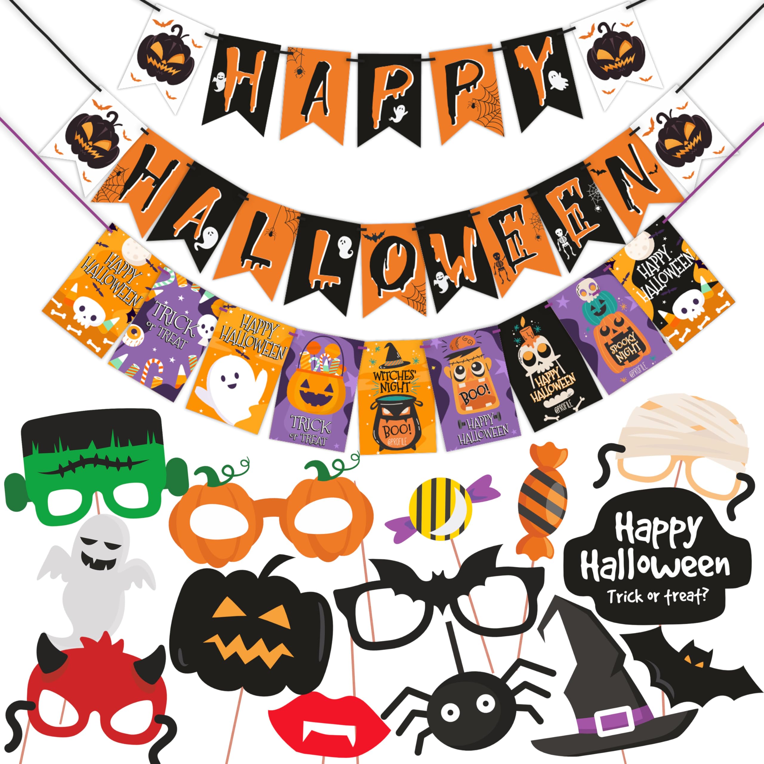 WOBBOX Halloween Party Prop Photo Booth Props DIY Kit with Bunting Banner for Party Supplies Featuring Boo Pumpkin Ghost Halloween Decorations Photo Booth Props (Combo YS)