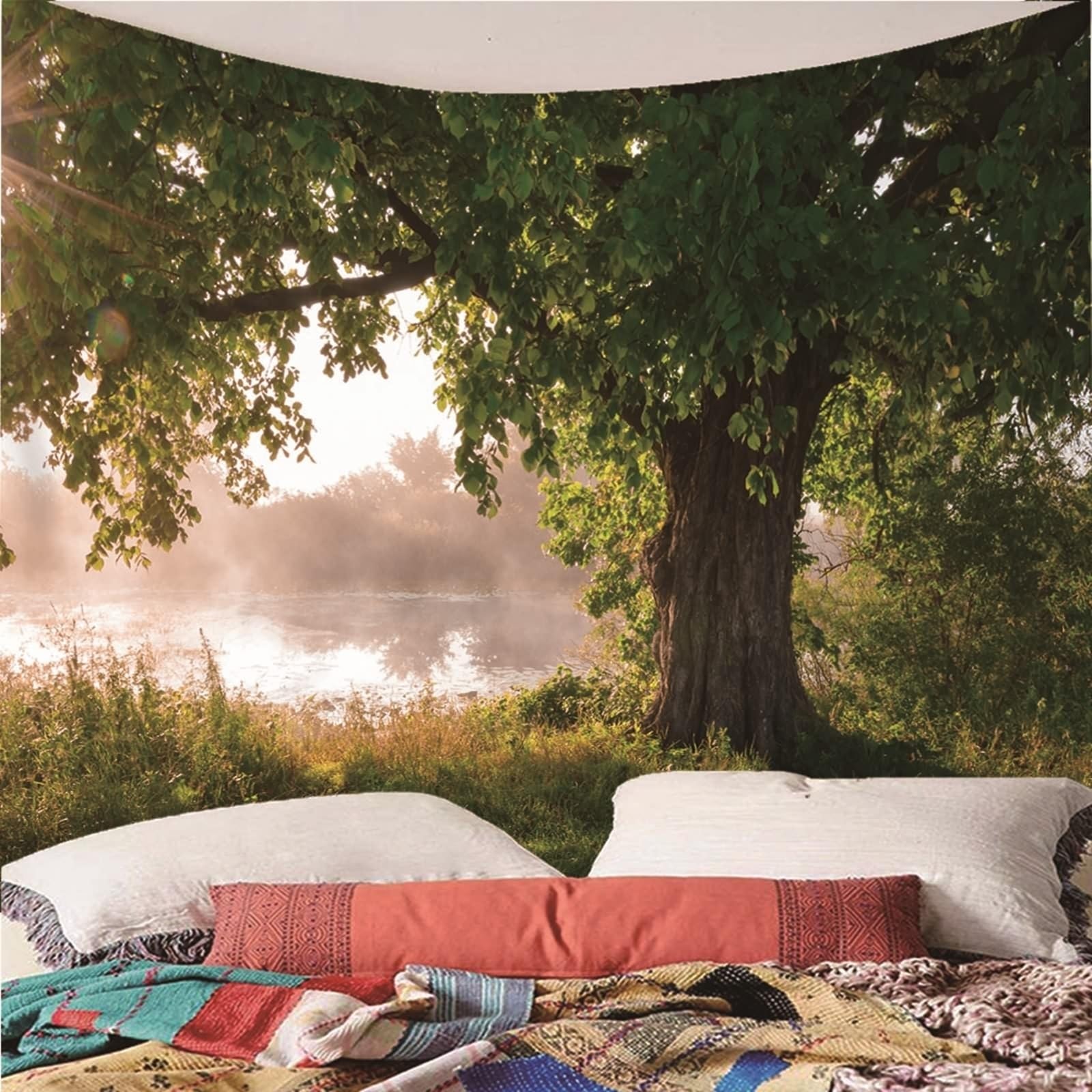 Tapestry Weaving - Arazzo da parete naturale, paesaggio, lago, albero e lago, in microfibra, 200 x 200 cm (larghezza x altezza)