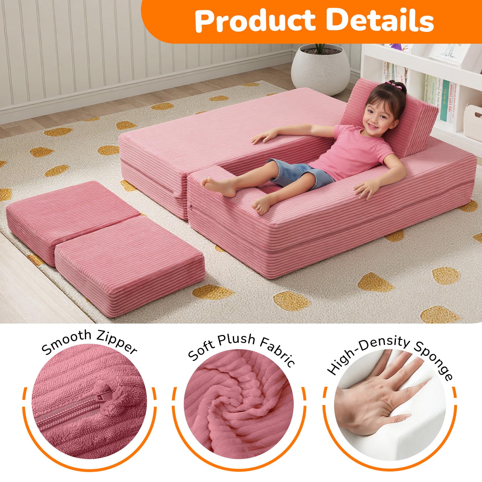 MeMoreCool Divano per bambini in velluto a coste, pieghevole in gommapiuma, mini divano modulare per cameretta e camera da letto, rosa