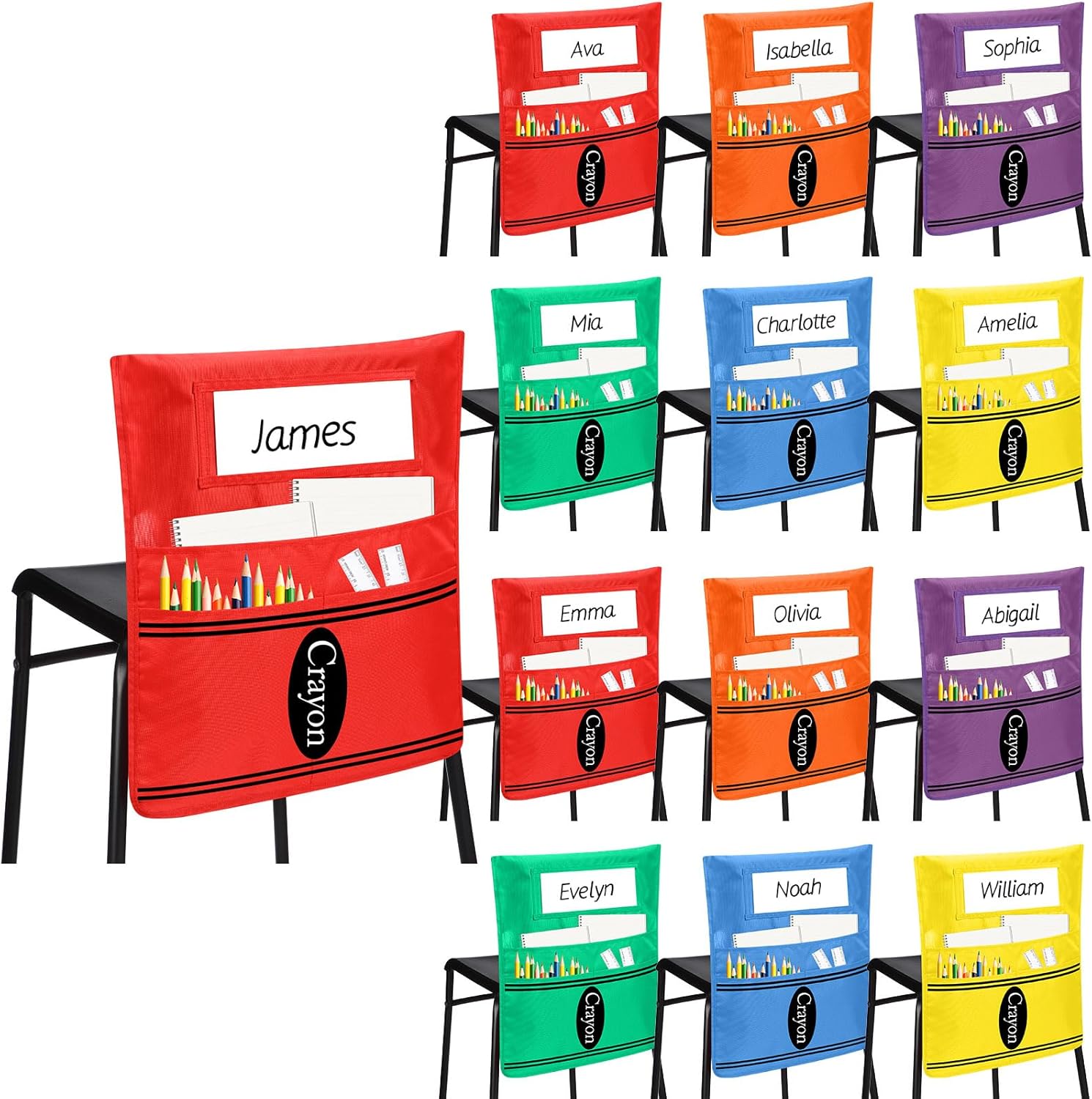 12 Pcs Chair Pockets for Classrooms, 16 x 19 Inch Large Capacity Seat Pockets Organizer Back of Chair Storage Bag with DIY Name Tag for Student School Classroom Supplies (6 Colors) 12 6 Colors