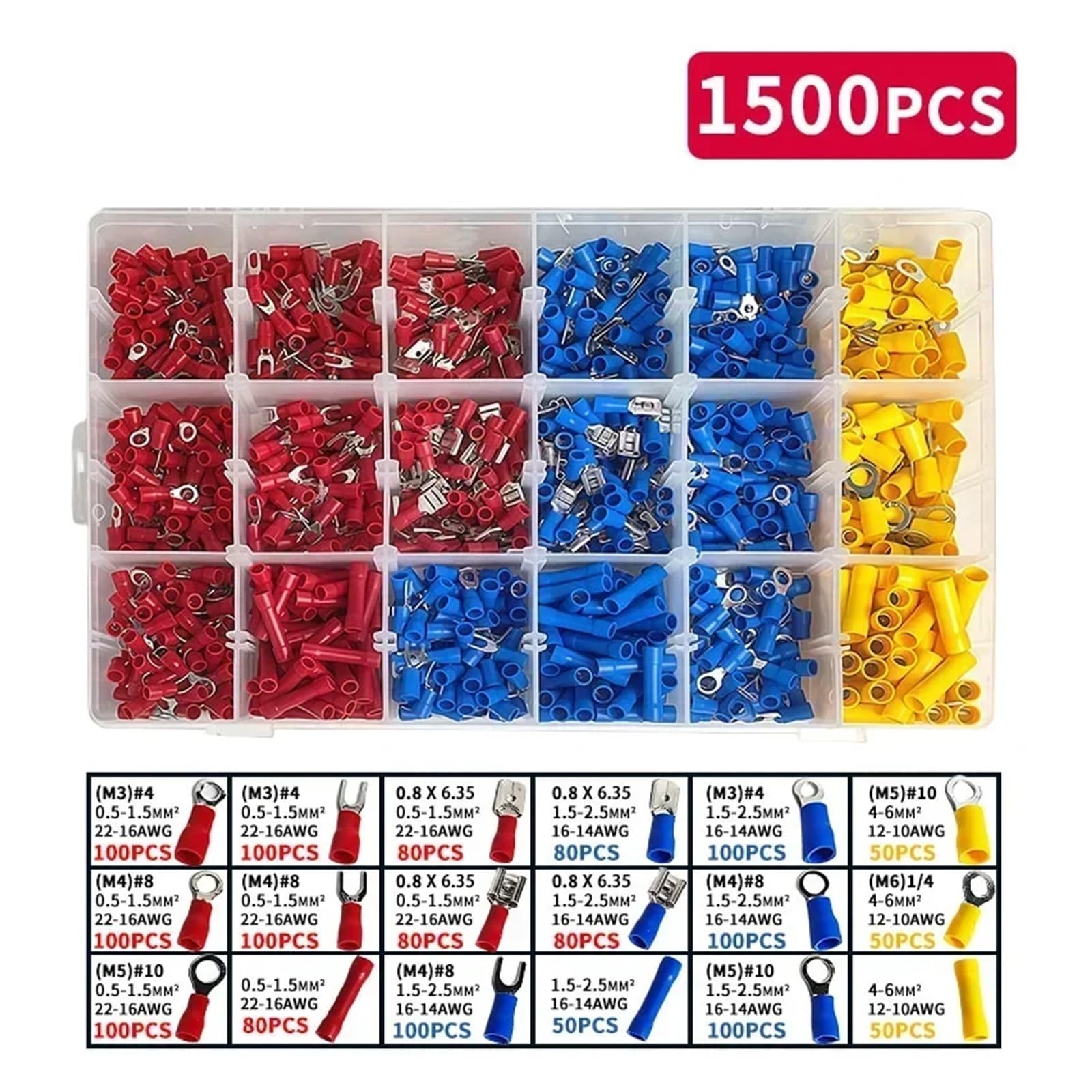 Verschiedene elektrische Crimp-Anschlussklemmen-Sets, 280/1500 Stück – kaltgepresste männliche und weibliche Schnellverbindungskabelschuhe(1500pcs)