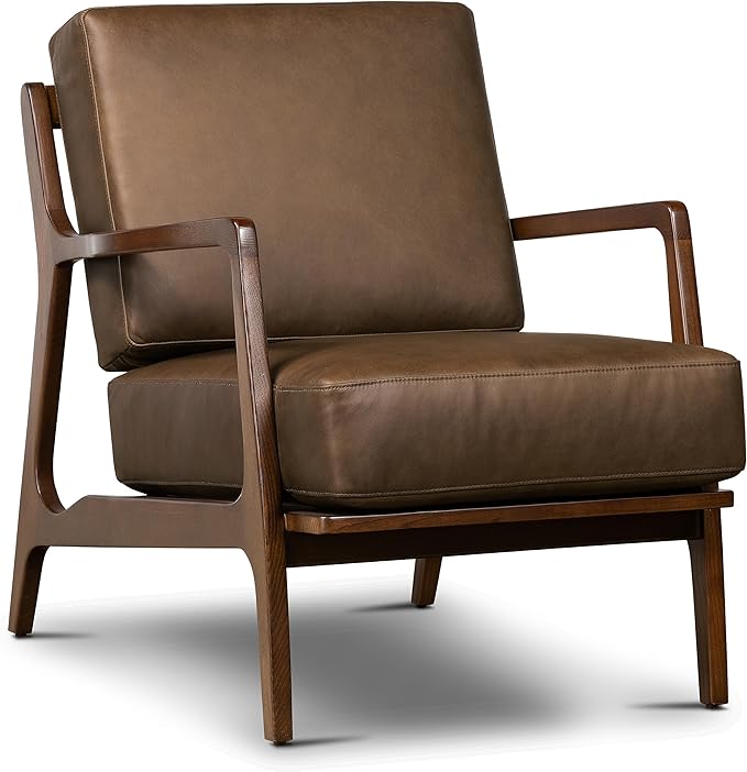 POLY & BARK Verity Leather Accent Chair – Armchair with Walnut Wood Frame – Fashion-Forward Lounge Seating for Living Room – Upholstered in Cocoa Brown Leather for Modern Style