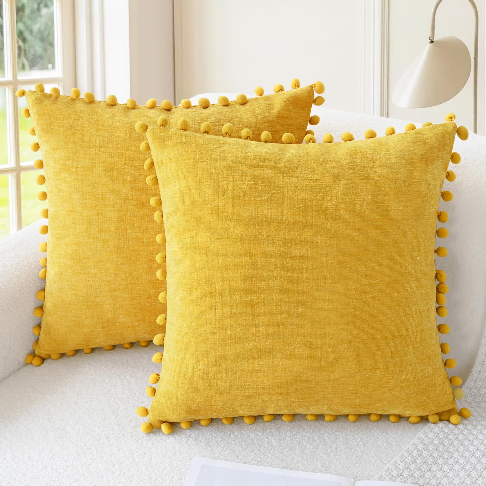 CaliTime Pillow Cases Pack of 2 Cozy Solid Dyed Soft Chenille Cushion Covers with Pom Poms for Couch Sofa Home Decoration 45cm x 45cm Mustard Yellow โ image 1