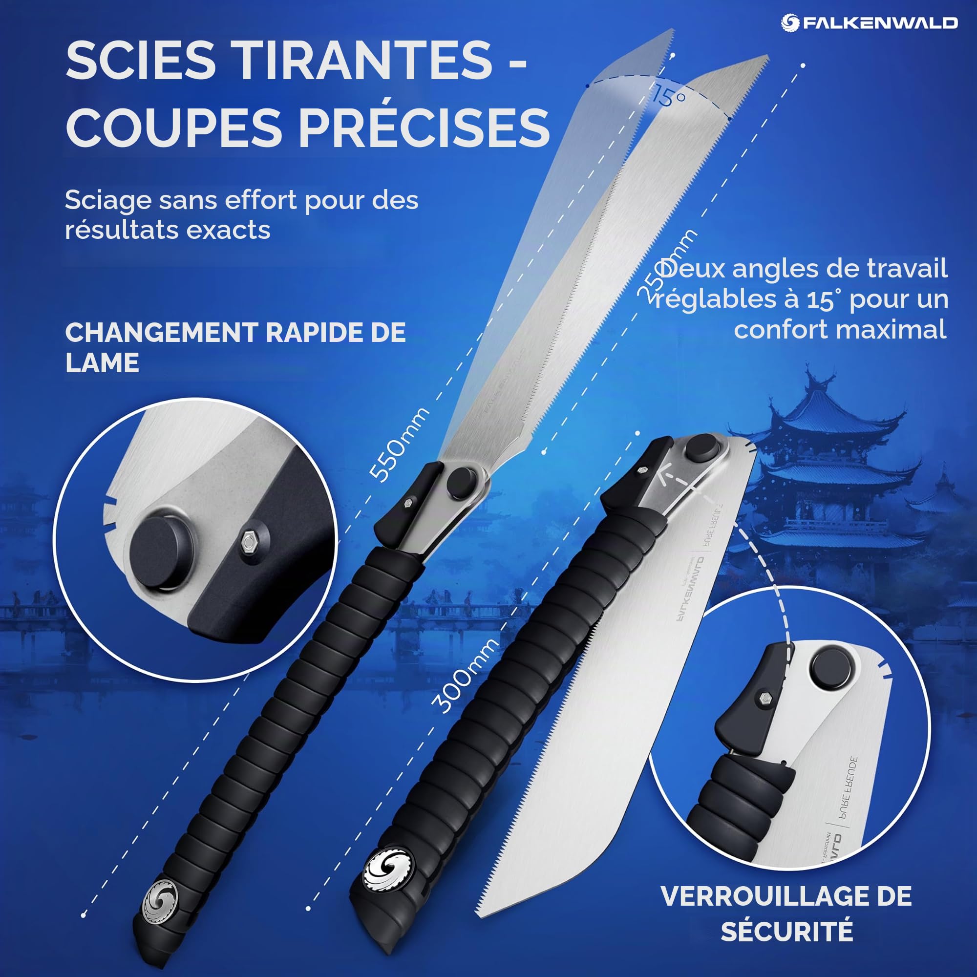 Falkenwald Scie japonaise pliable - Scie à bois + 2 lames de scie 7TPI, 17TPI + sac - Idéal pour le traitement du bois - Scie à main pour coupe transversale et longitudinale - Outils de travail du