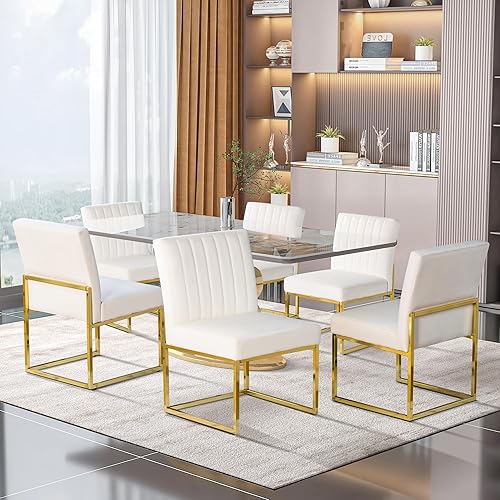 Miniatura 7 de Juego de 2 sillas de comedor modernas, de terciopelo, tapizadas, de mediados de siglo, sin brazos, con base dorada, color beige y blanco, 2 unidades