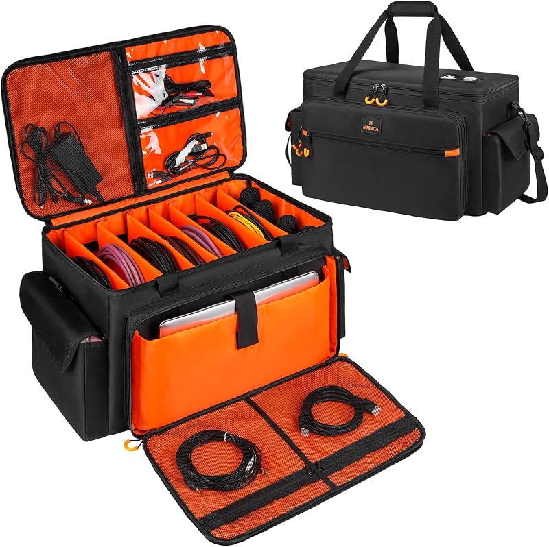 Large DJ Cable & Equipment Bag, featuring a 16" Laptop Compartment, Orange | 7 Adjustable Dividers, 4 Fixed Mic Pockets & Cable Organizer, Padded Gig Bag for Musicians and DJ Accessories